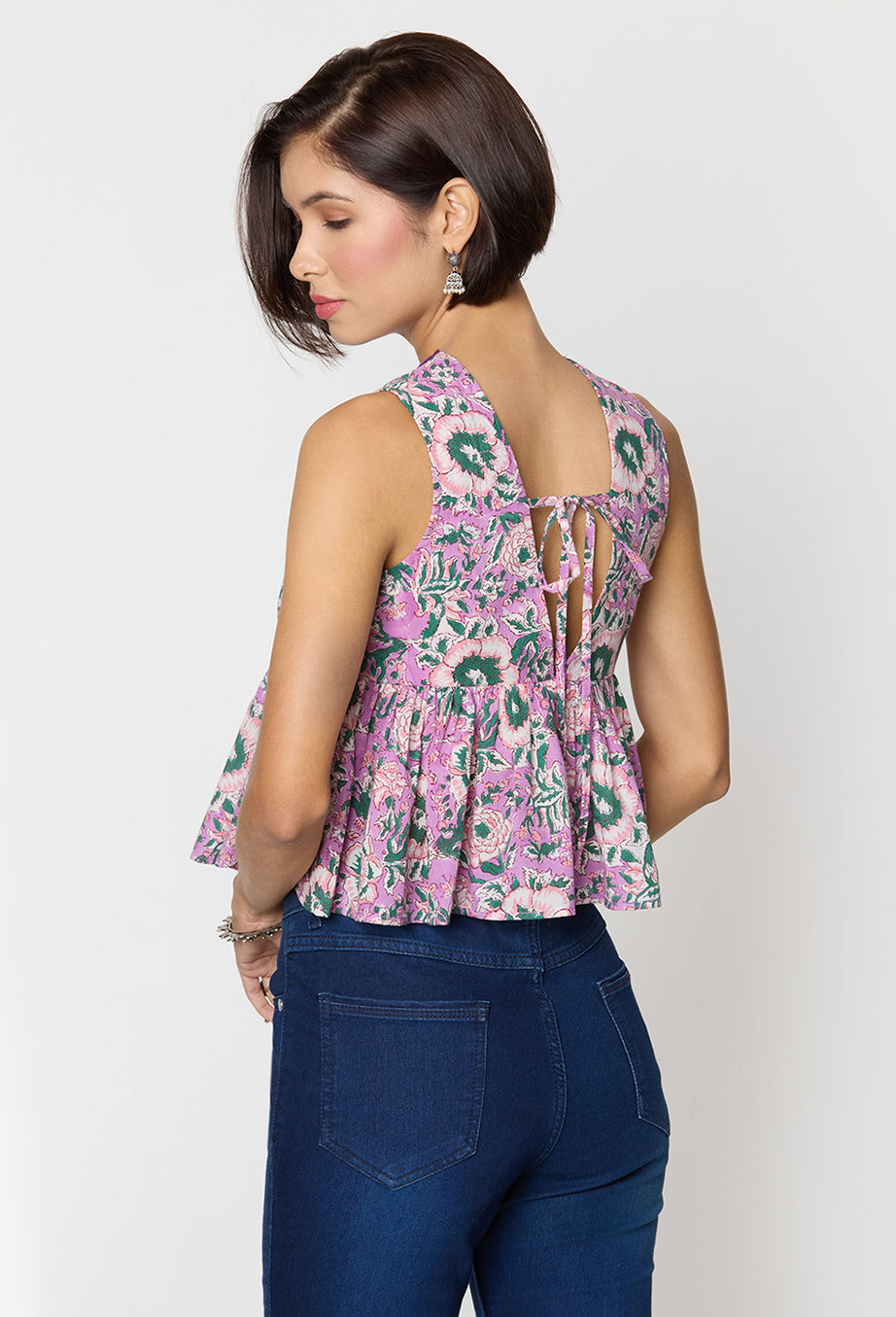 Purple and green Printed Top with Lace Detailing Along the Neck