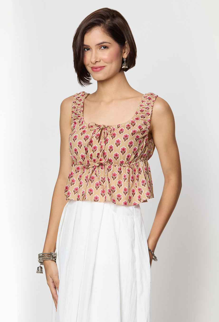 Beige and Pink Floral Printed Front Tie Up Peplum Top