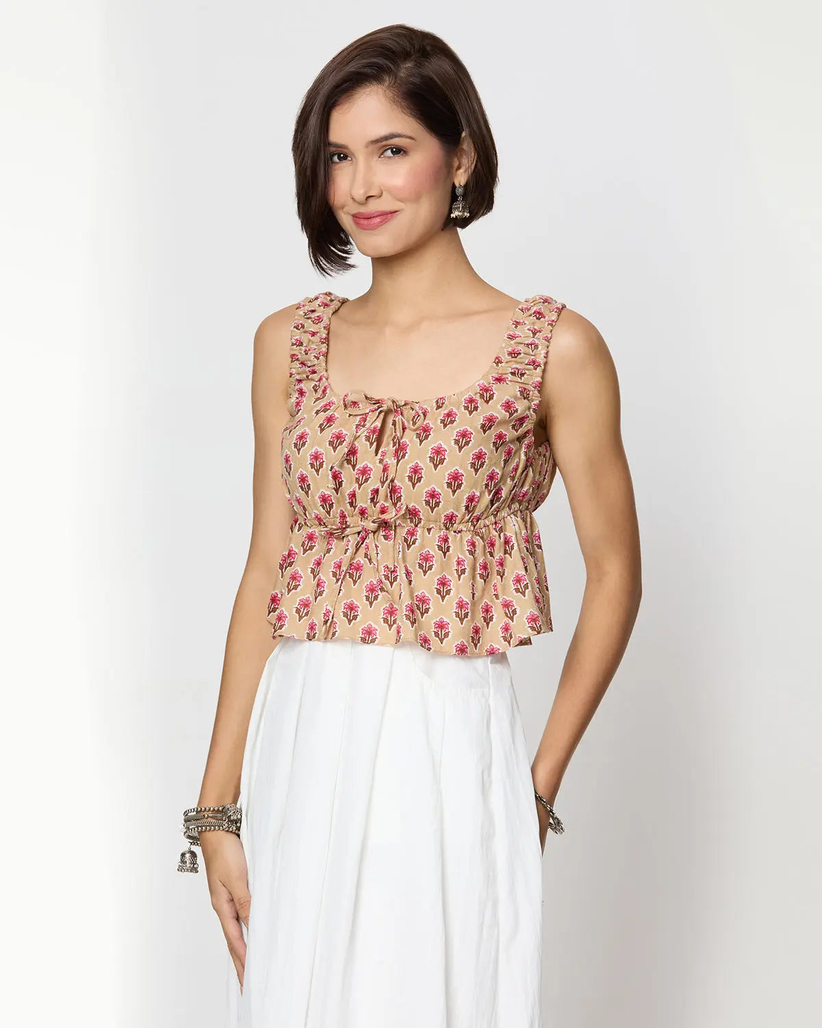 Beige and Pink Floral Printed Front Tie Up Peplum Top Desi Core