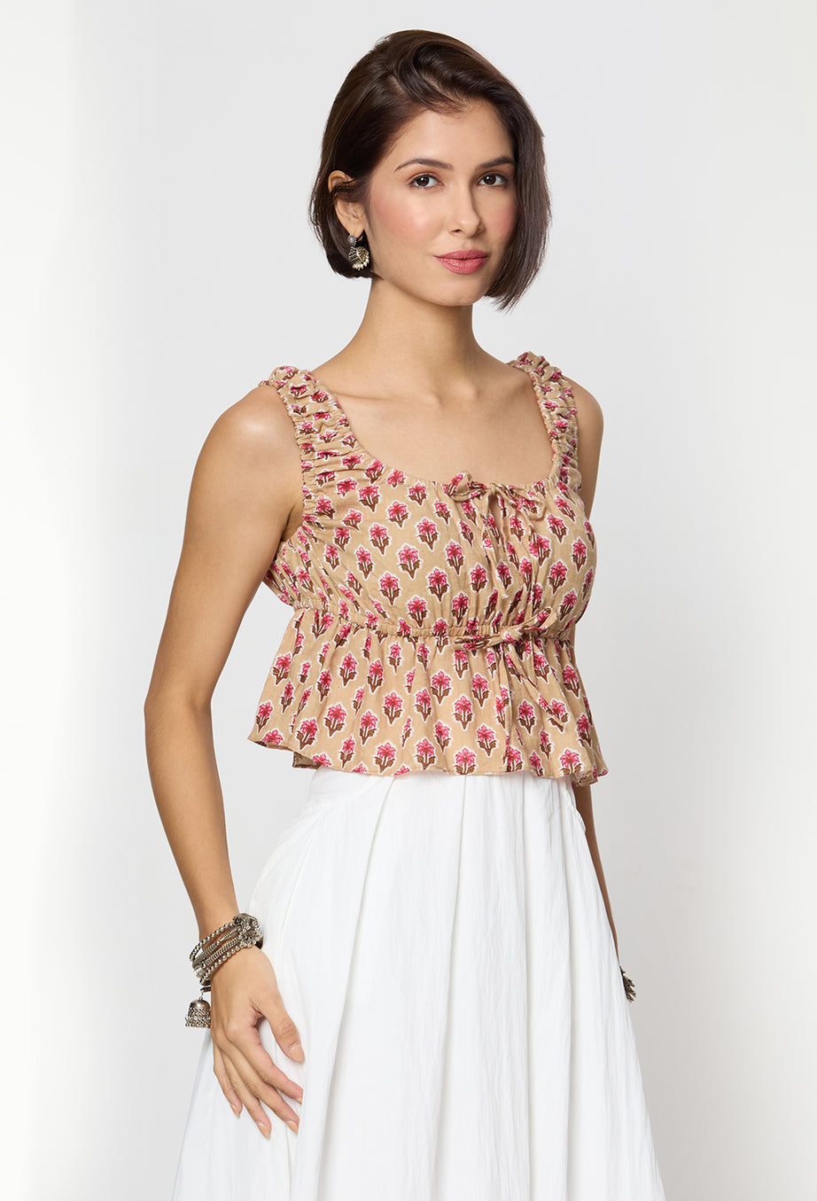Beige and Pink Floral Printed Front Tie Up Peplum Top