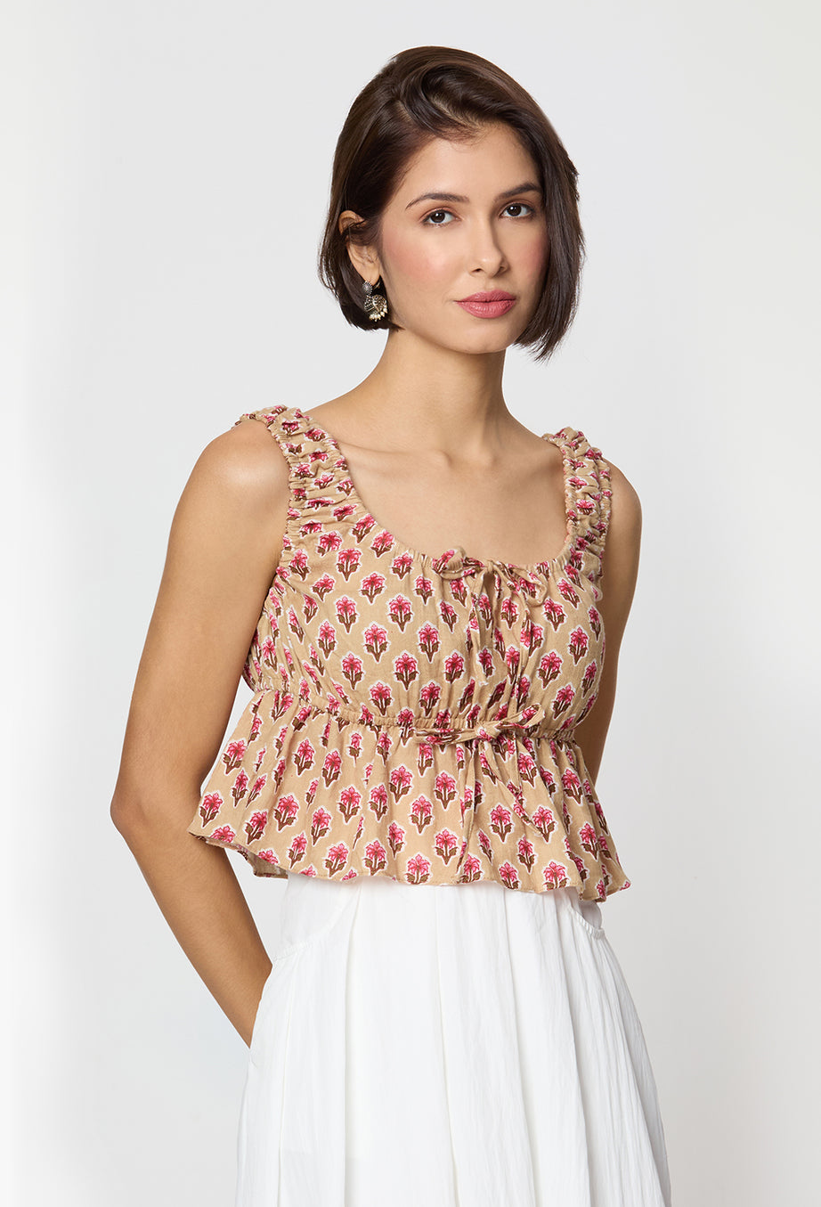 Beige and Pink Floral Printed Front Tie Up Peplum Top