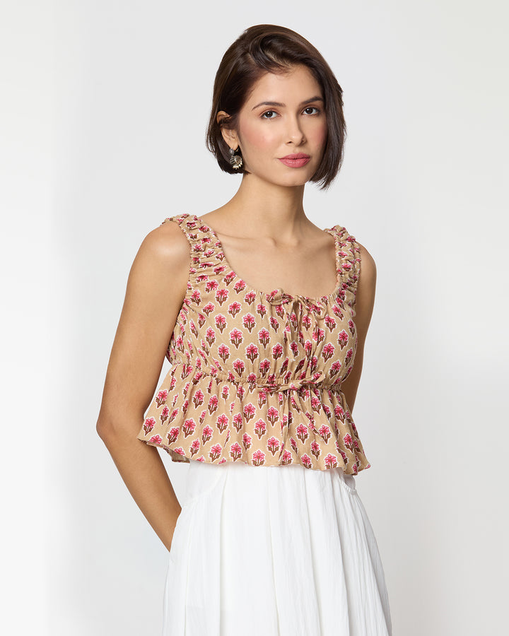 Beige and Pink Floral Printed Front Tie Up Peplum Top Desi Core