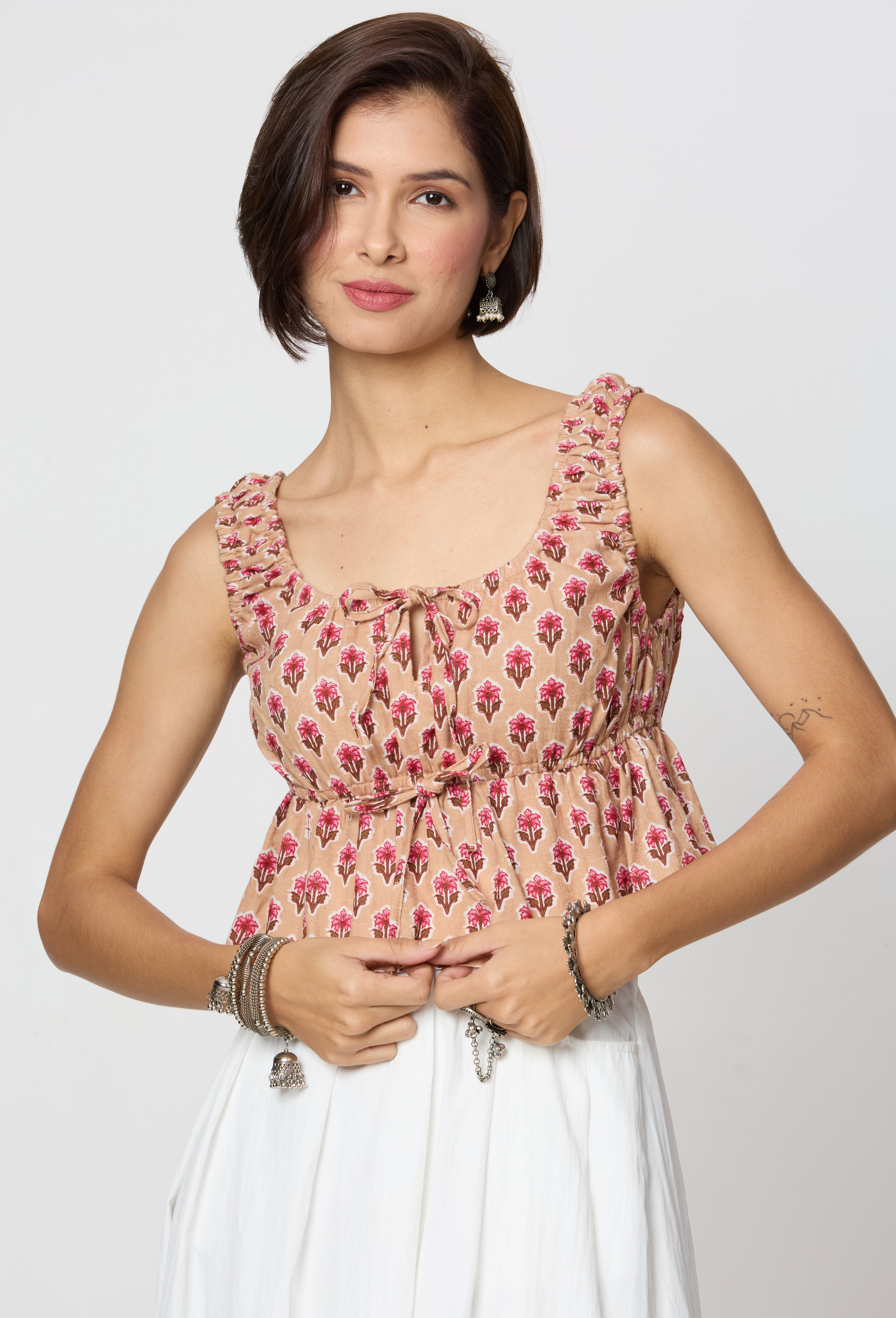 Beige and Pink Floral Printed Front Tie Up Peplum Top