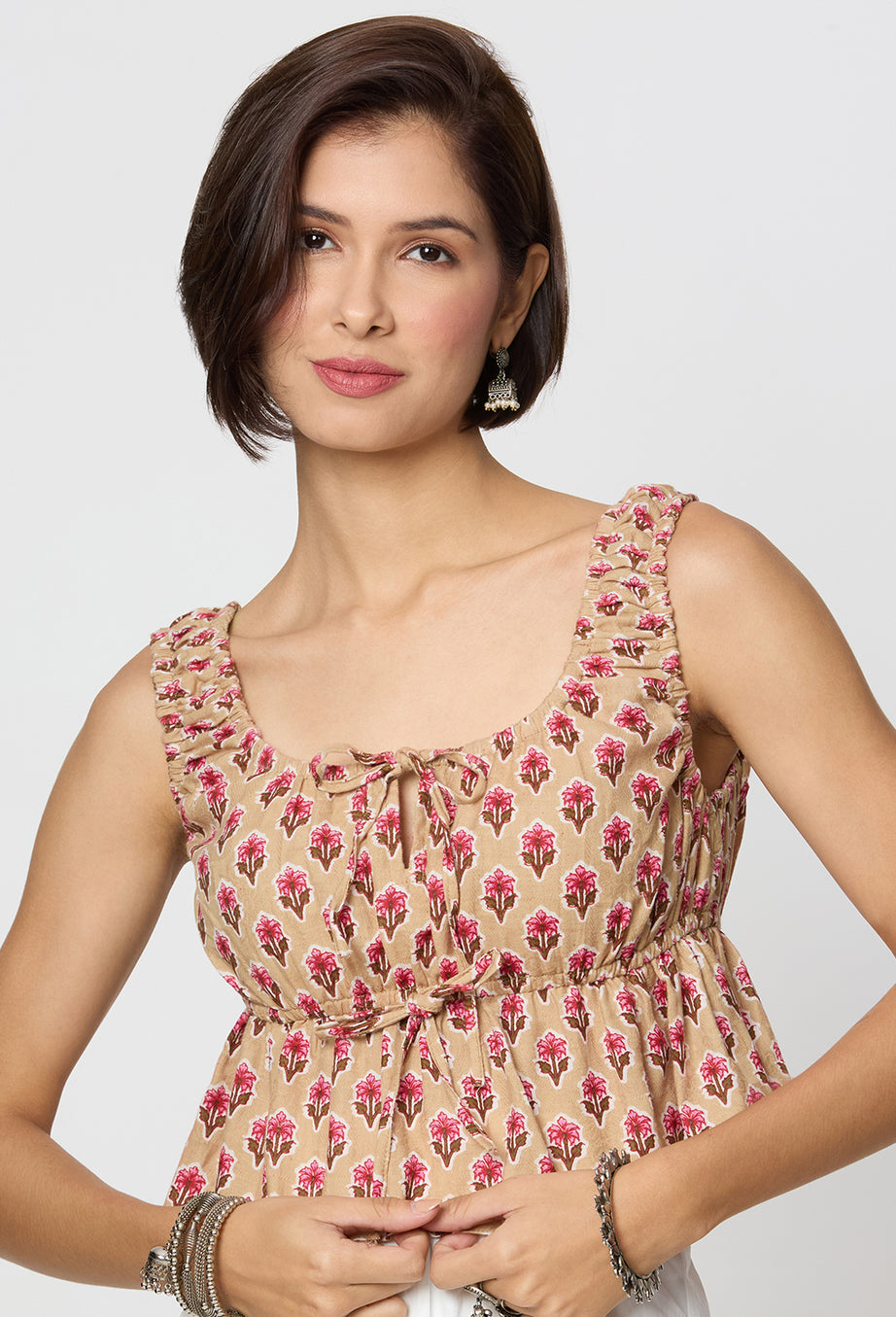 Beige and Pink Floral Printed Front Tie Up Peplum Top