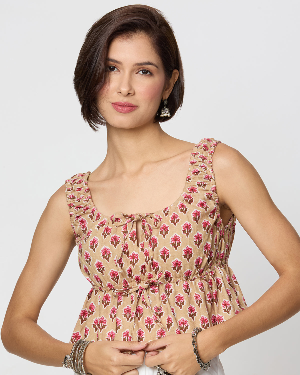 Beige and Pink Floral Printed Front Tie Up Peplum Top