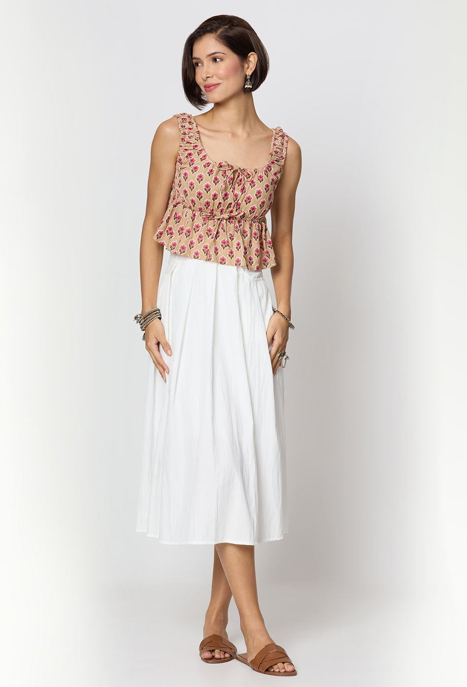 Beige and Pink Floral Printed Front Tie Up Peplum Top