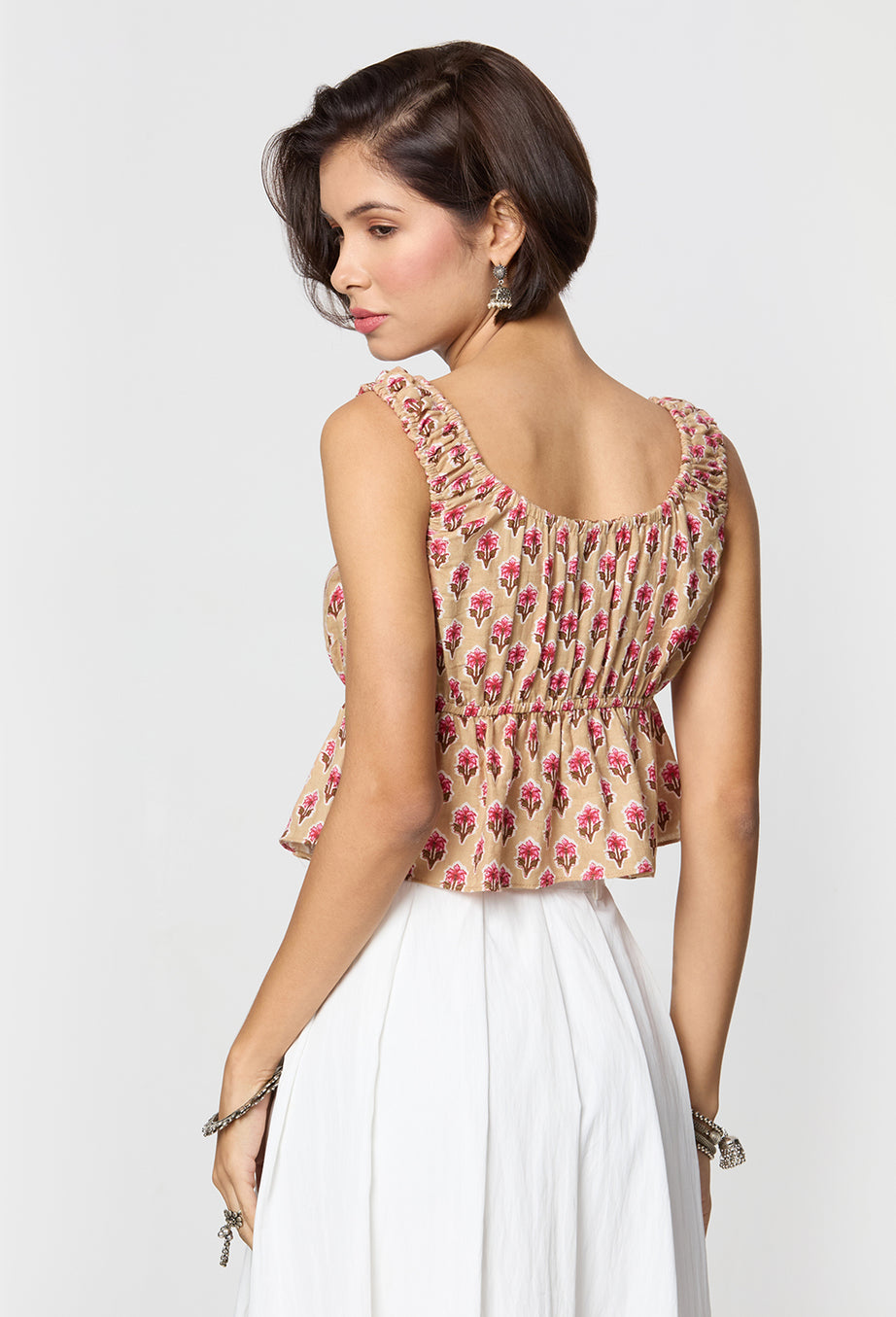 Beige and Pink Floral Printed Front Tie Up Peplum Top