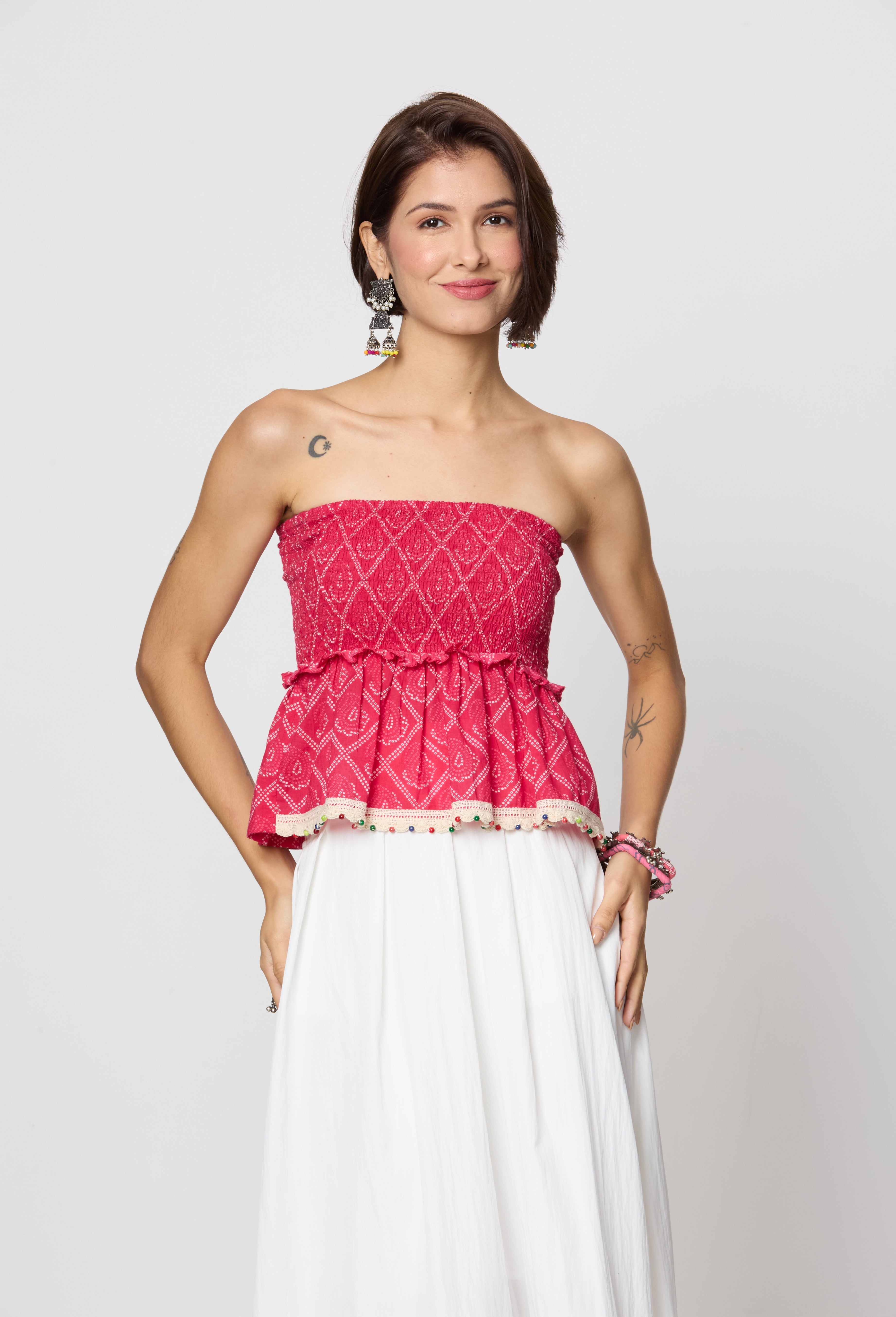 Pink Bandhani Smocking Tube Top with Boho Lace