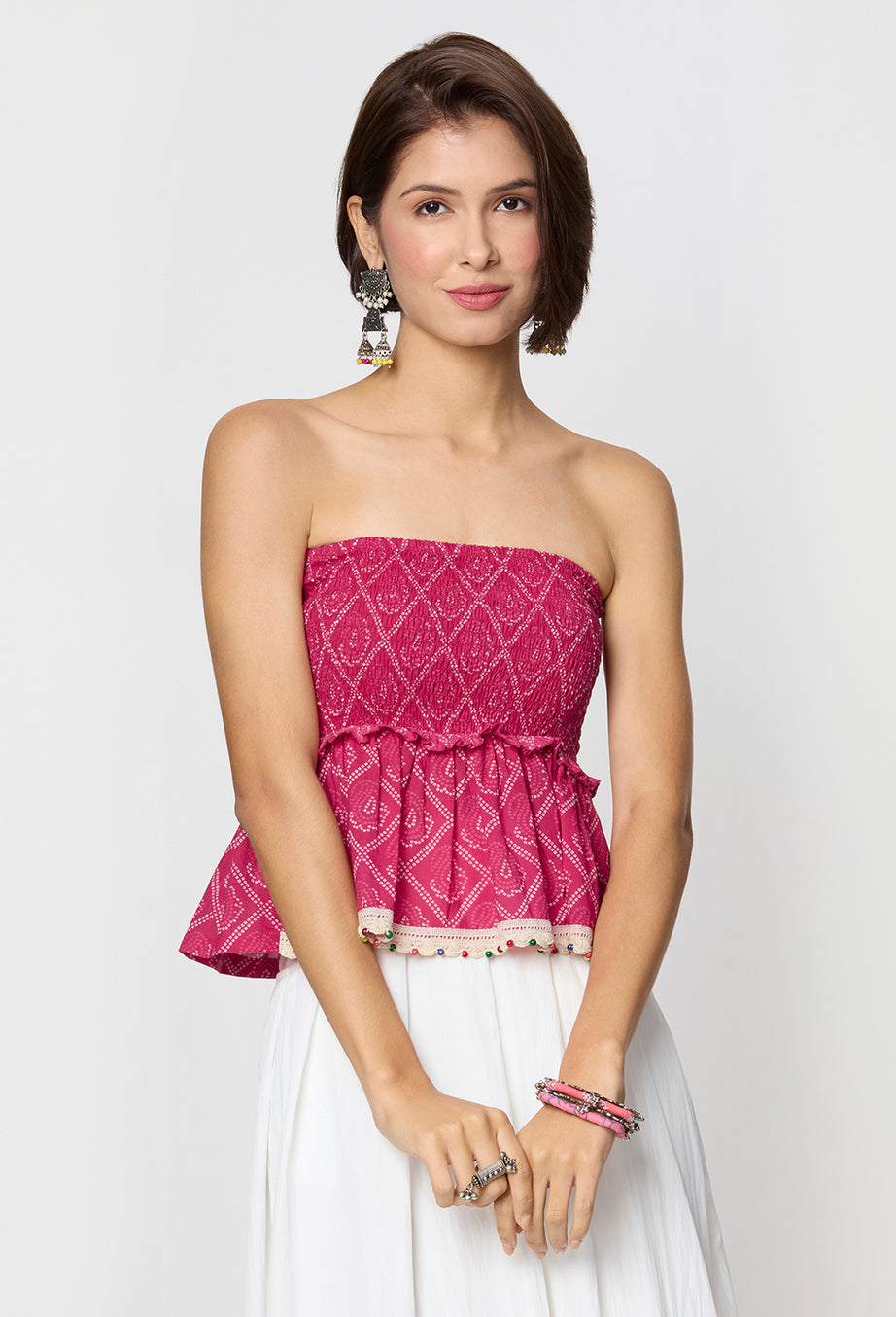 Pink Bandhani Smocking Tube Top with Boho Lace