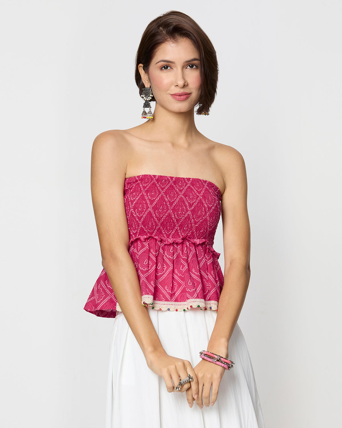 Pink Bandhani Smocking Tube Top with Boho Lace