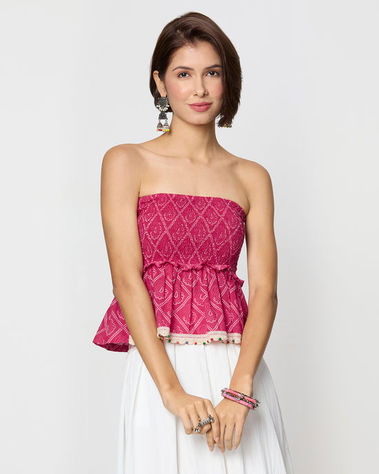 Pink Bandhani Smocking Tube Top with Boho Lace Desi Core