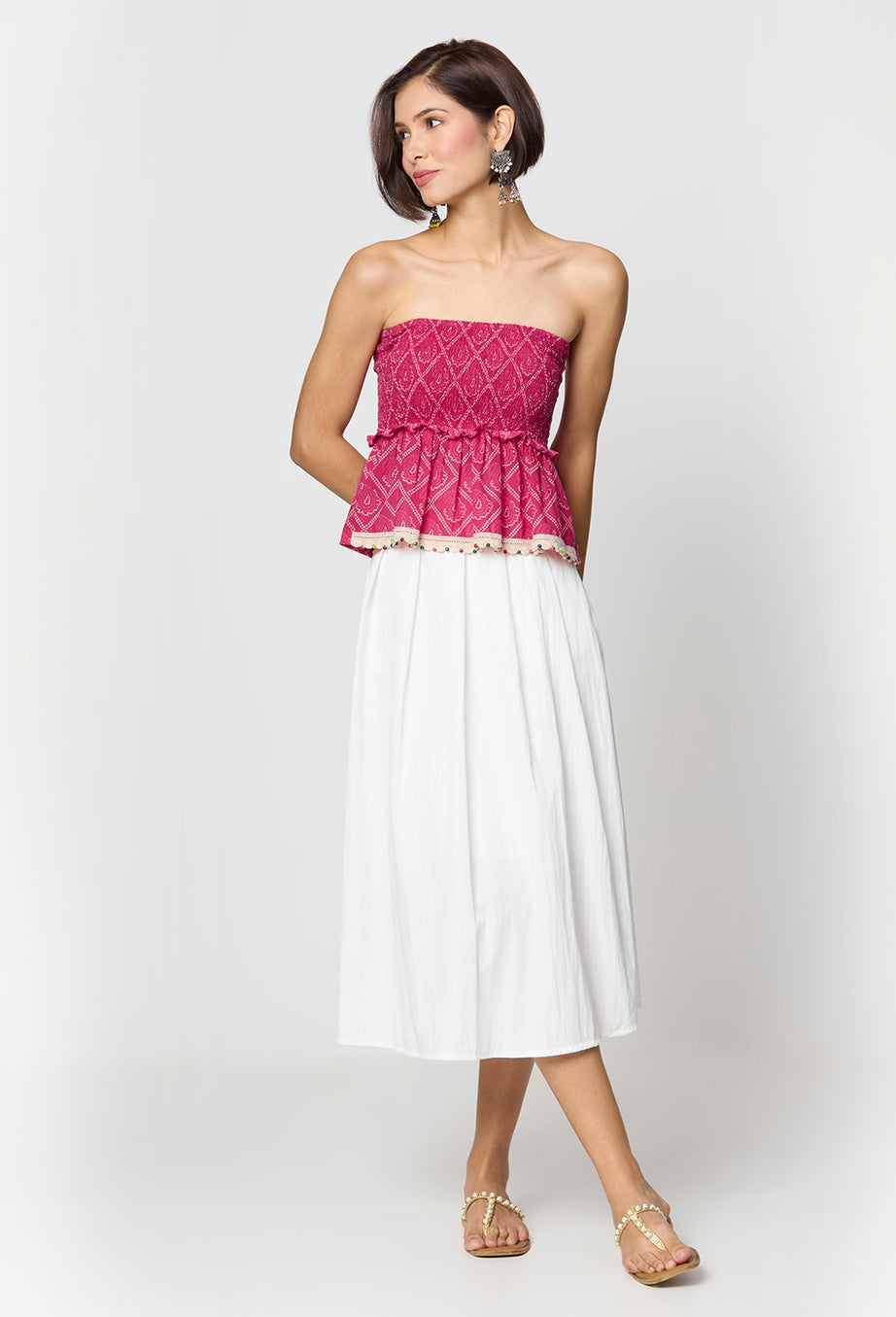 Pink Bandhani Smocking Tube Top with Boho Lace