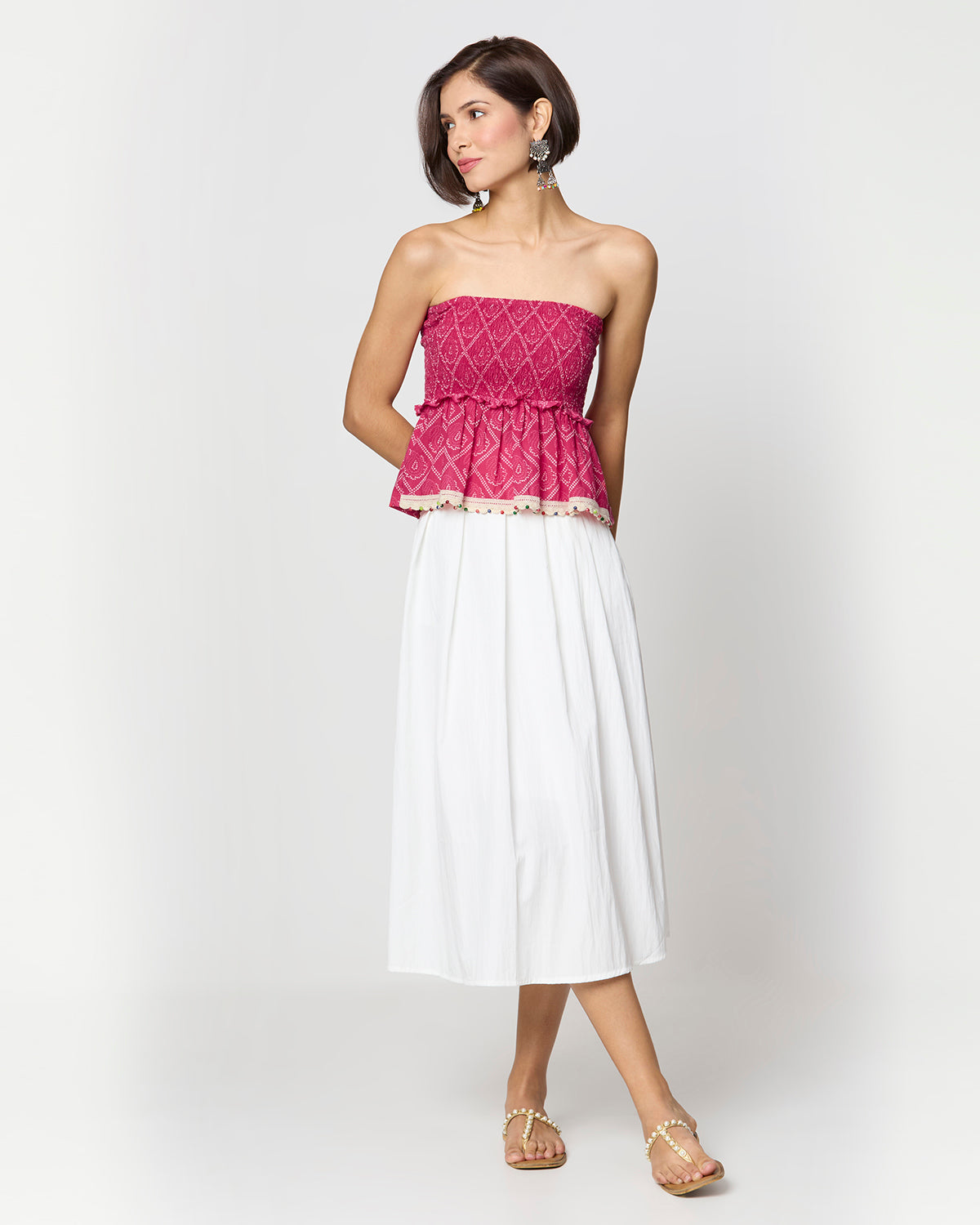 Pink Bandhani Smocking Tube Top with Boho Lace