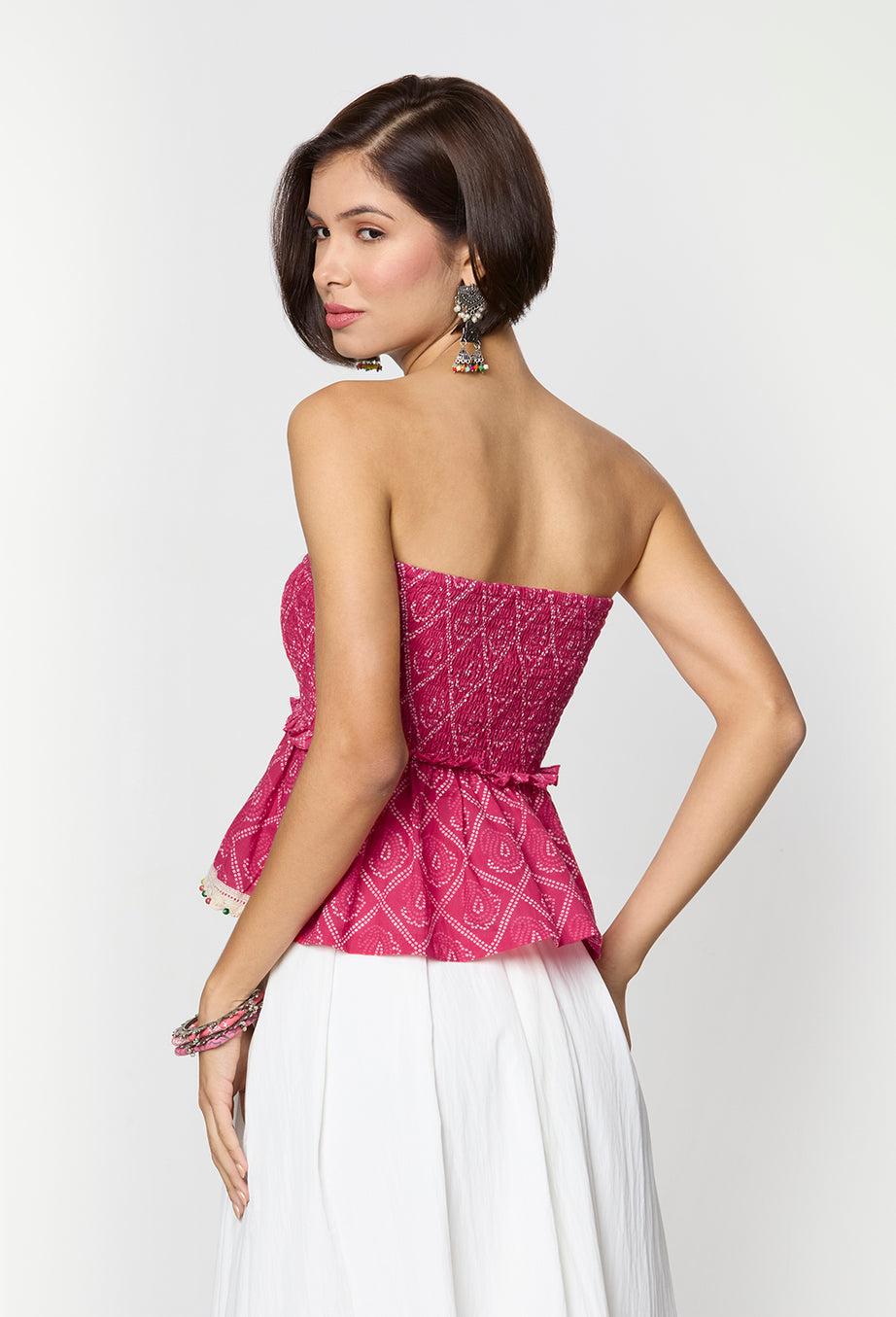 Pink Bandhani Smocking Tube Top with Boho Lace