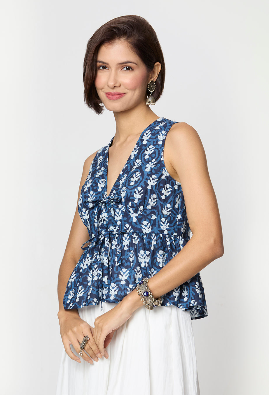 Indigo & White Floral Tie-Up Top