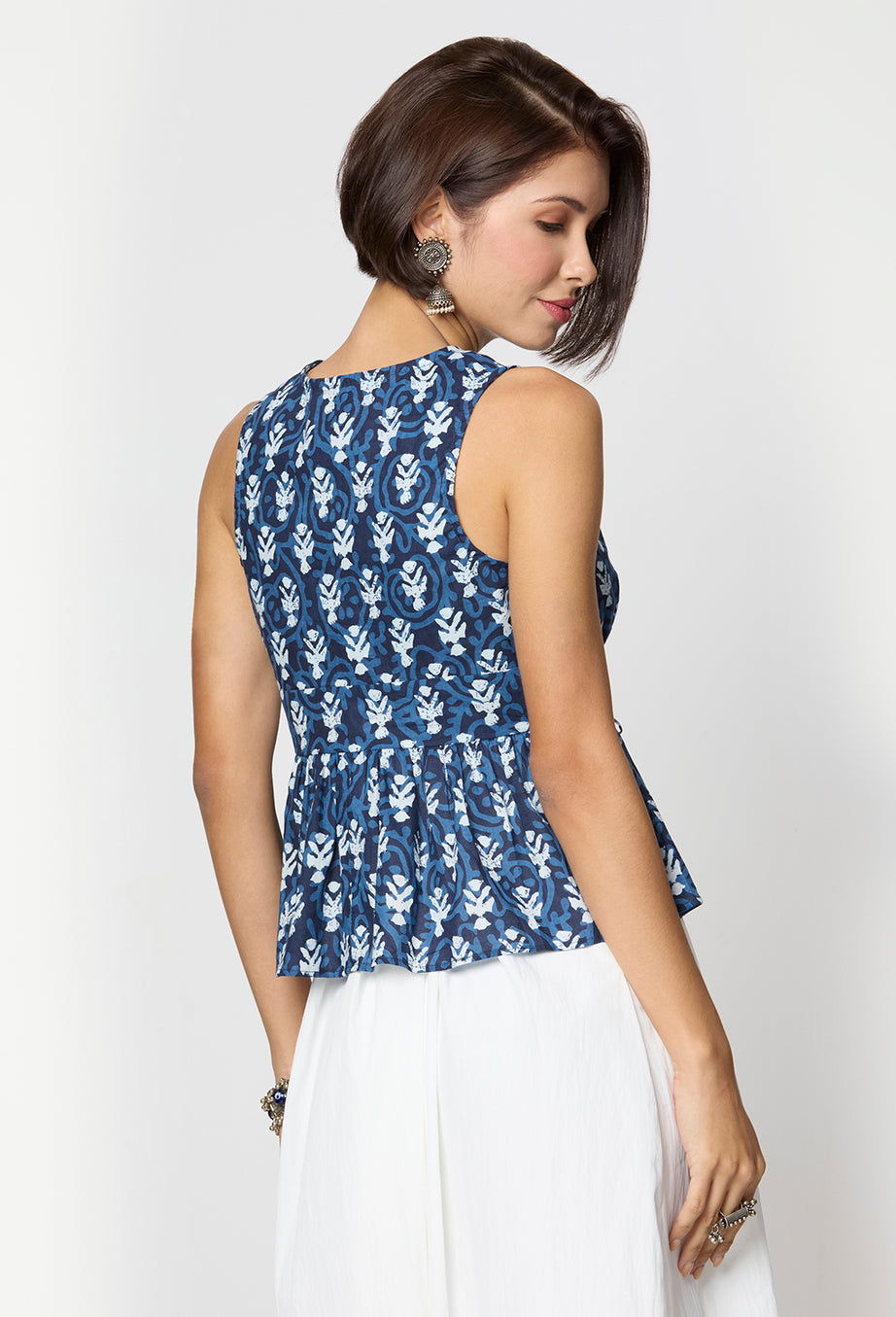 Indigo & White Floral Tie-Up Top
