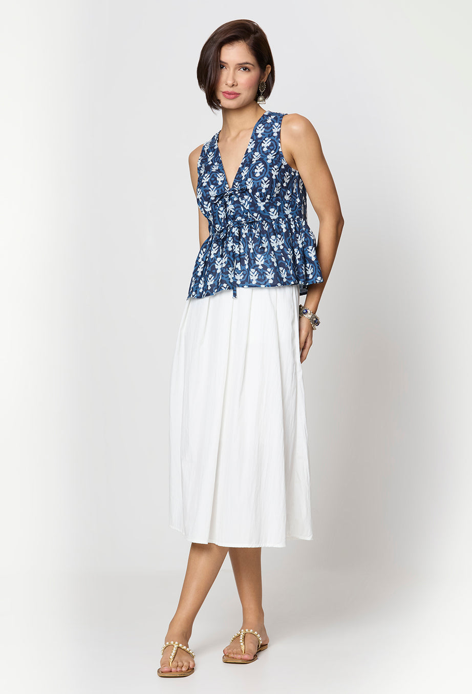 Indigo & White Floral Tie-Up Top