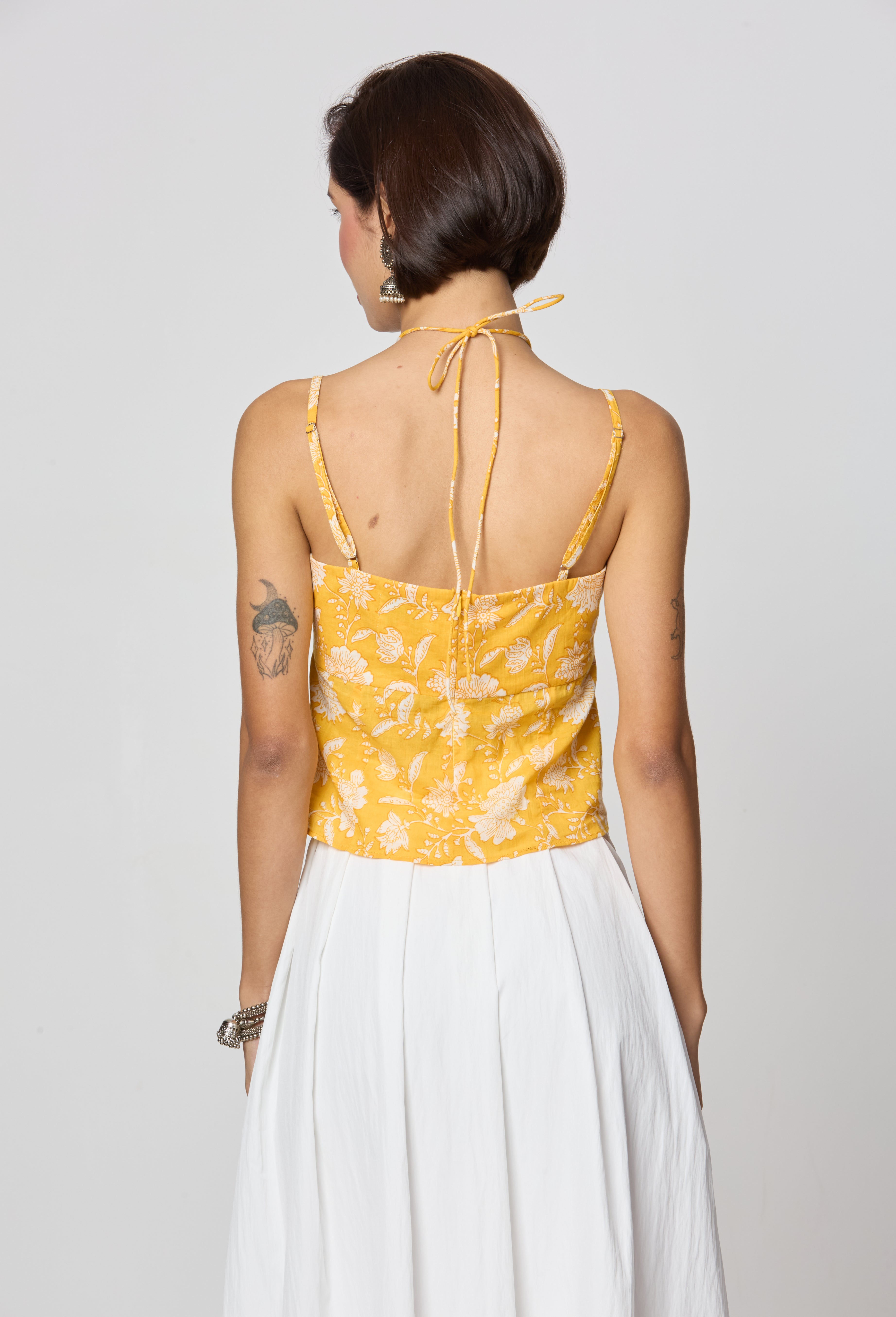 Yellow Floral Tie-Up Neckline Top