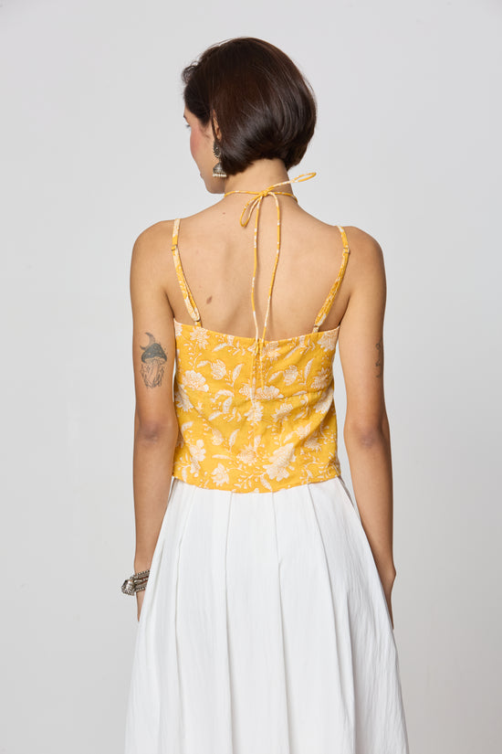 Yellow Floral Tie-Up Neckline Top Desi Core