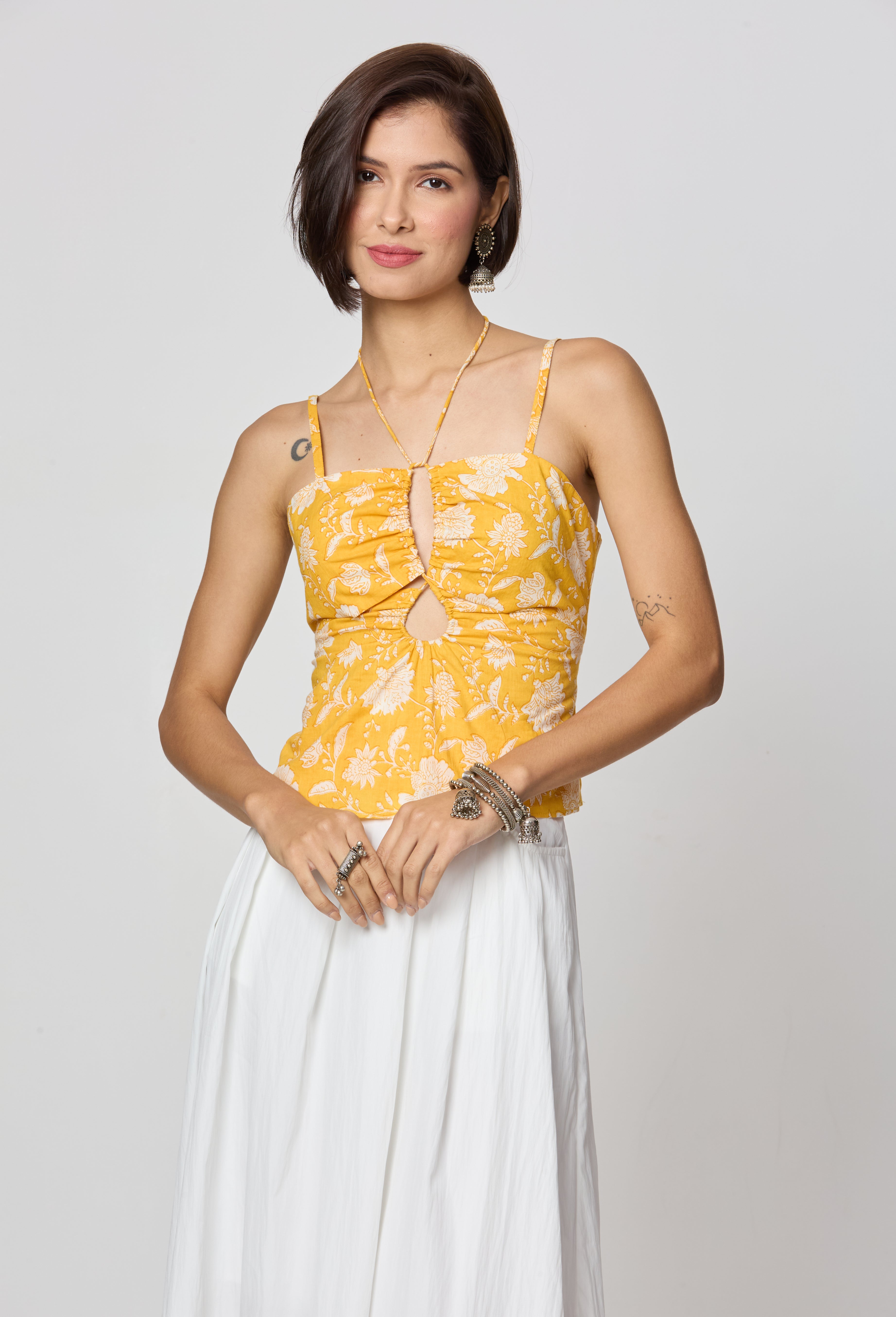 Yellow Floral Tie-Up Neckline Top
