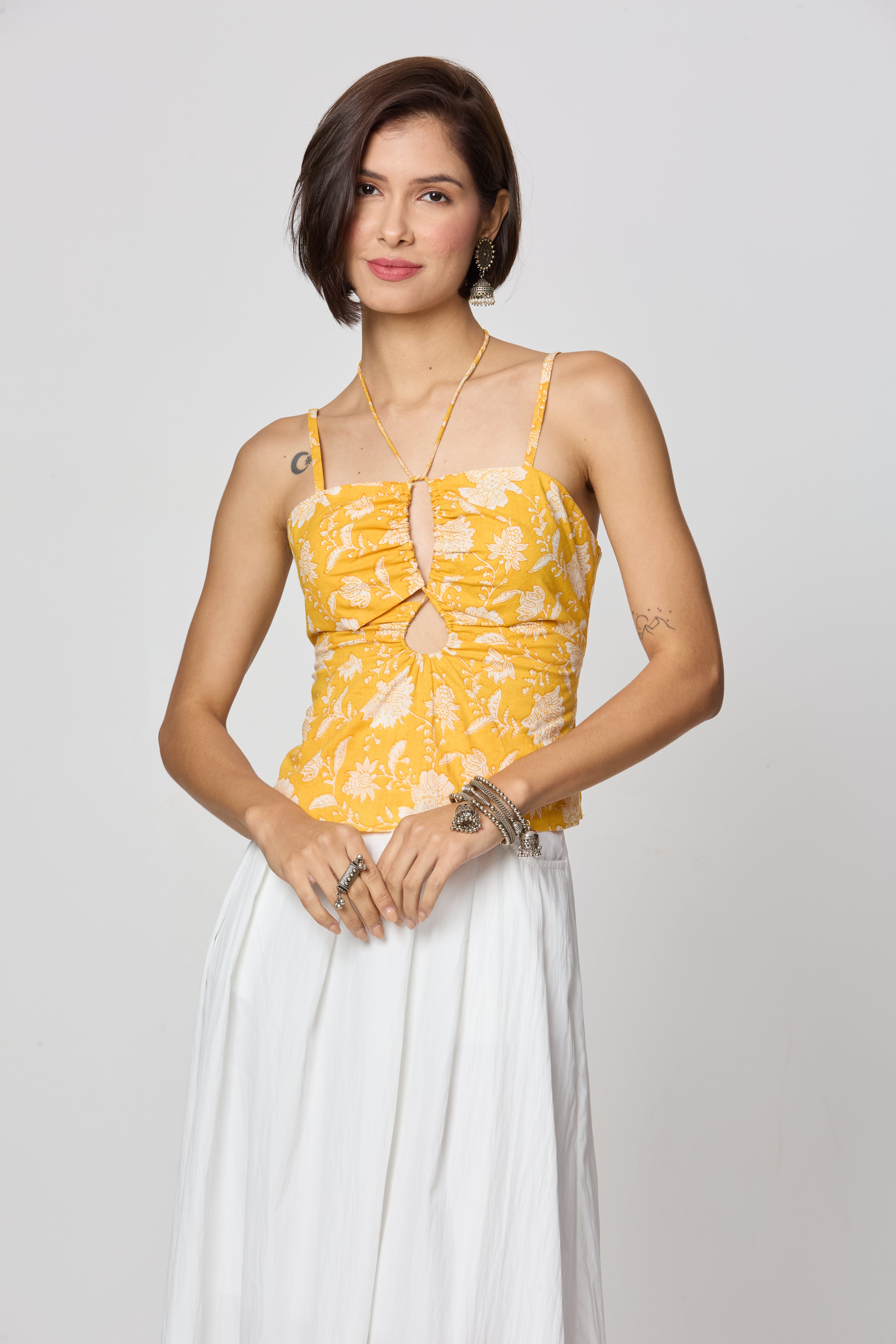 Yellow Floral Tie-Up Neckline Top