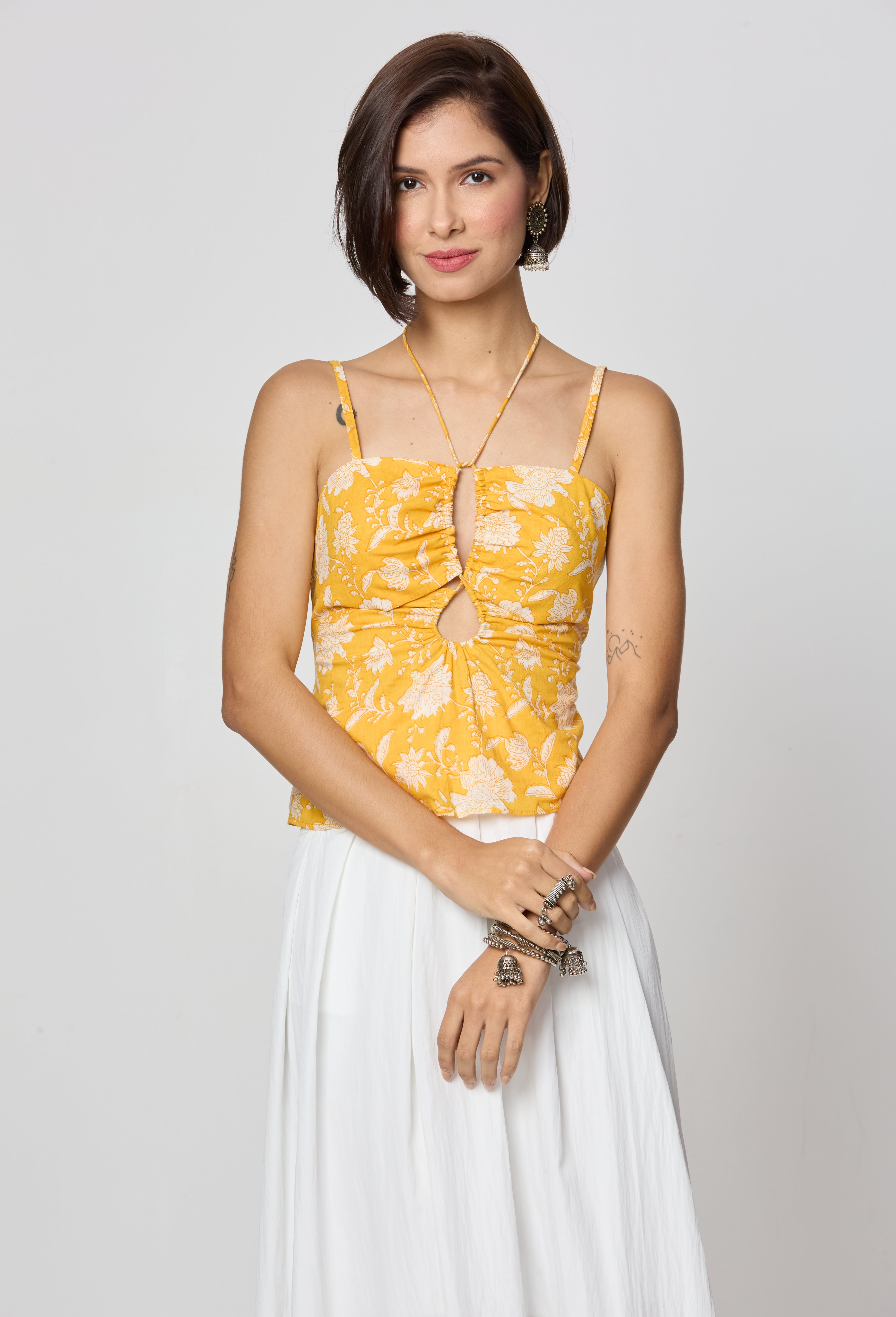Yellow Floral Tie-Up Neckline Top