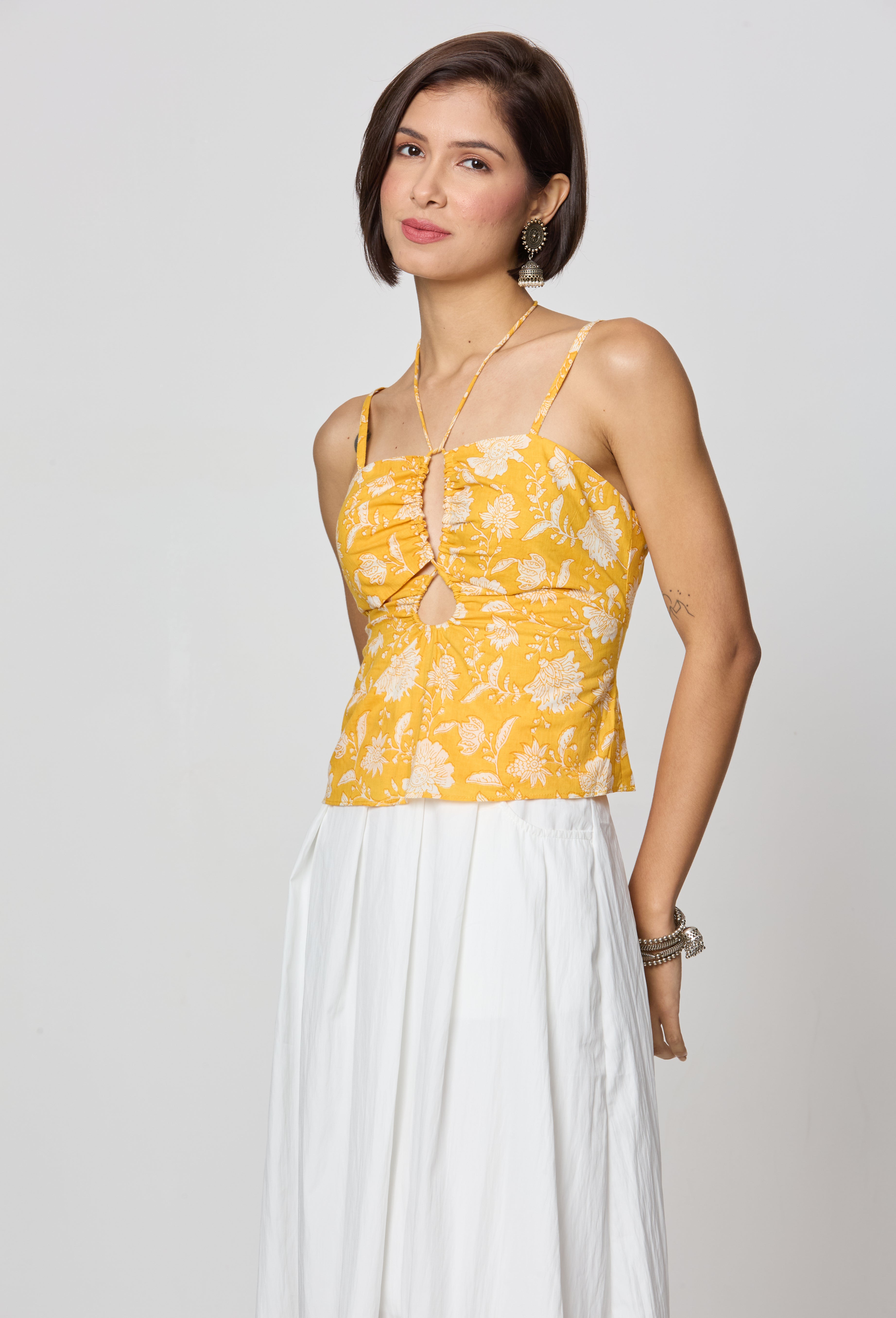 Yellow Floral Tie-Up Neckline Top