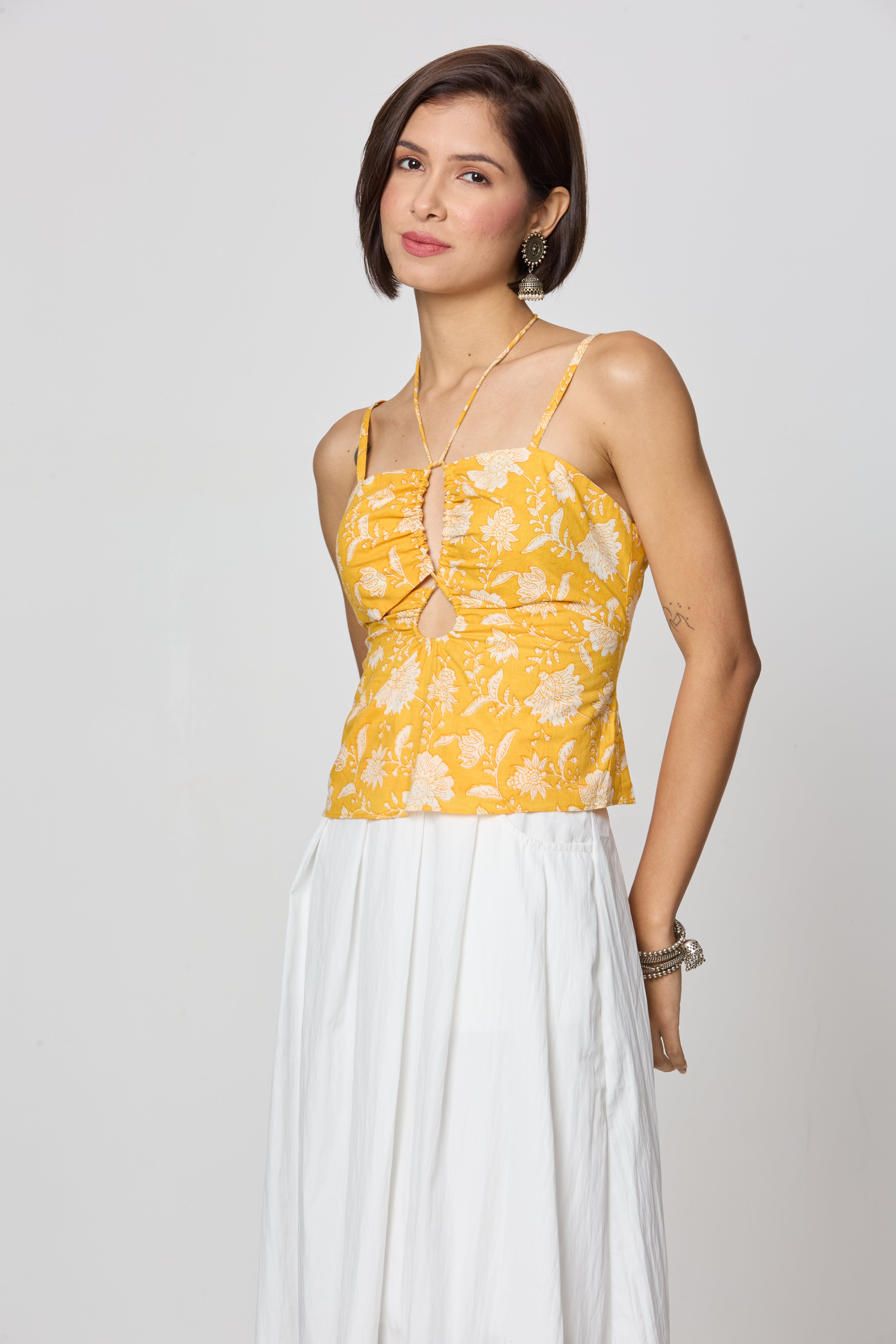 Yellow Floral Tie-Up Neckline Top
