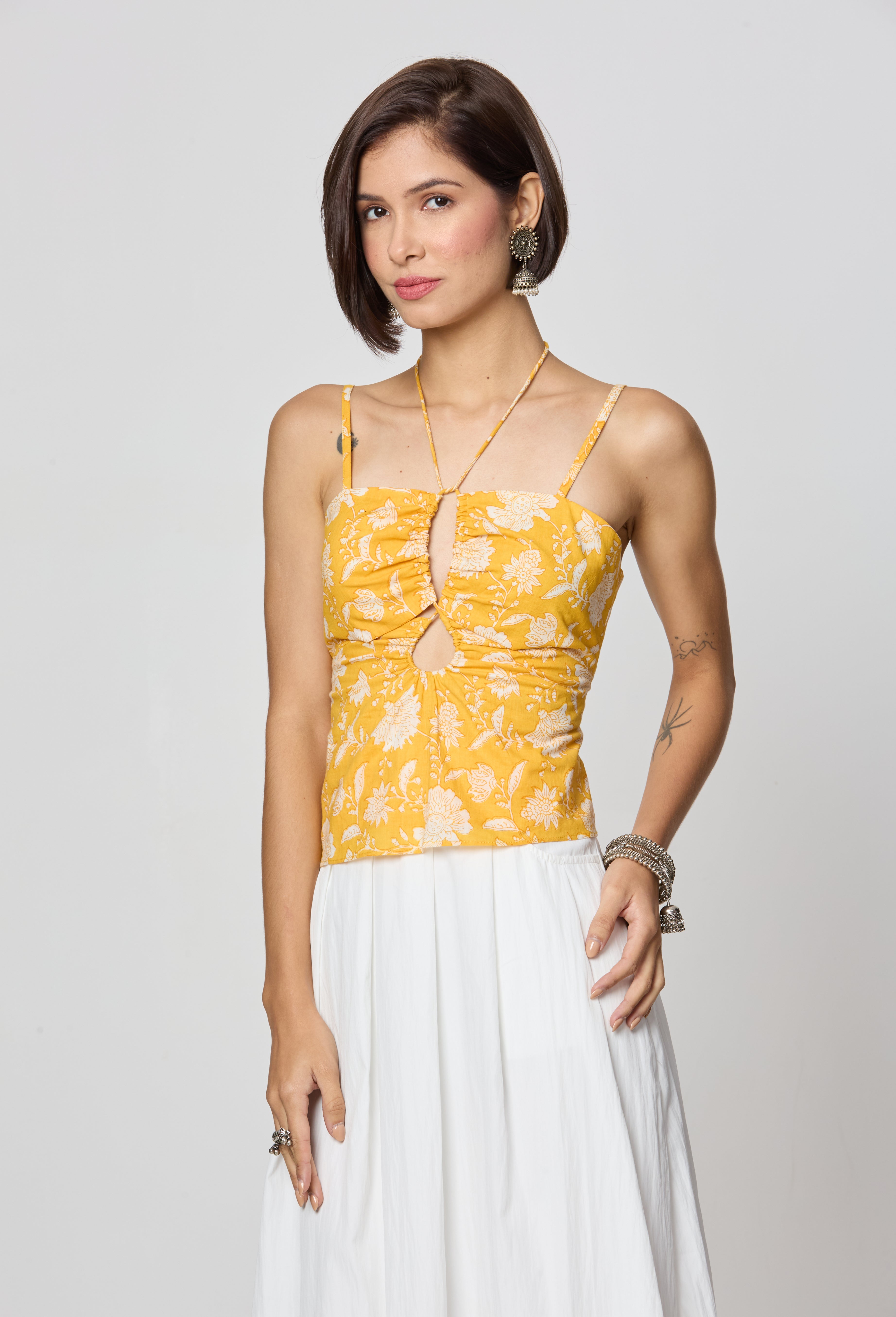 Yellow Floral Tie-Up Neckline Top