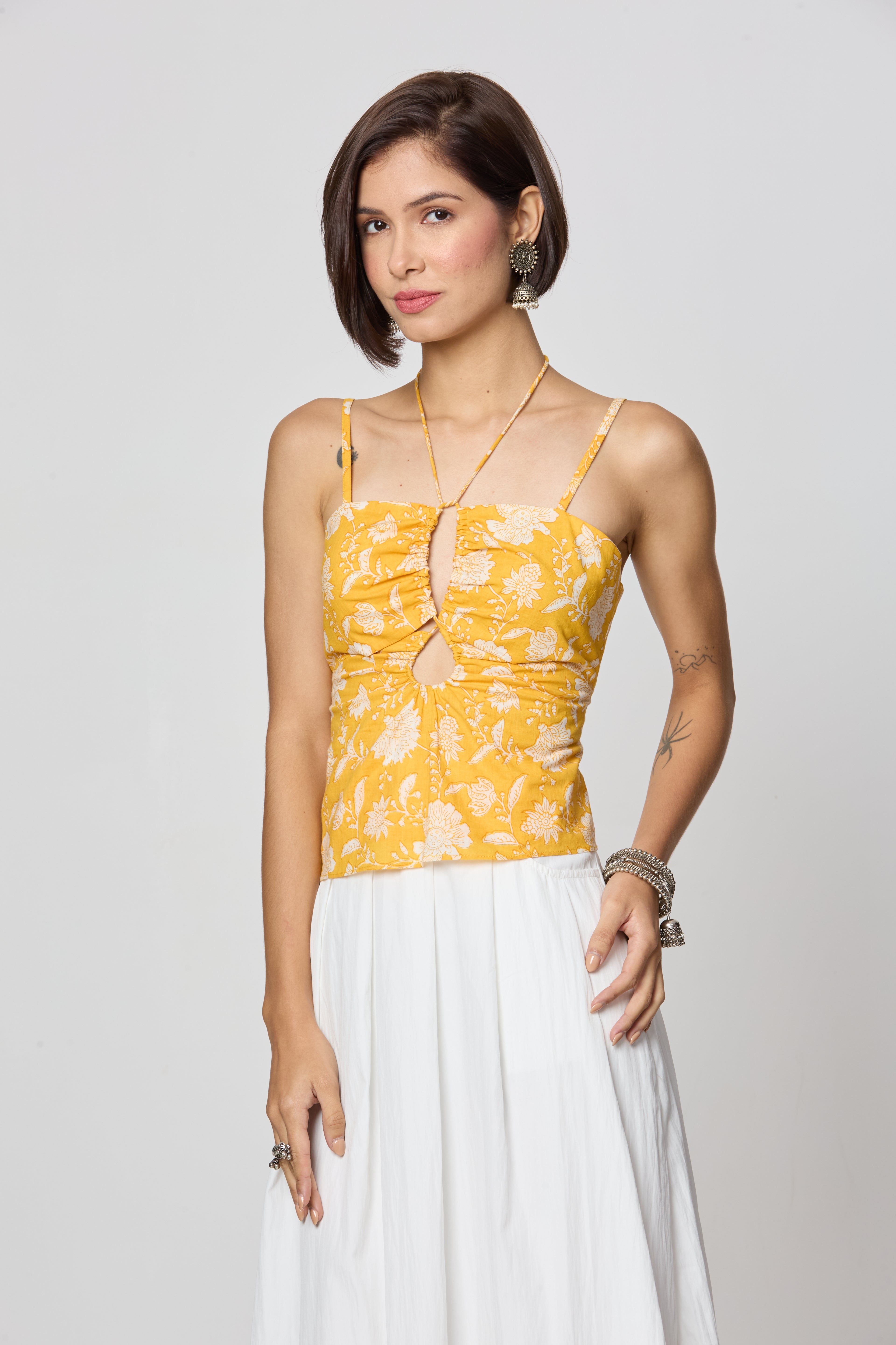 Yellow Floral Tie-Up Neckline Top