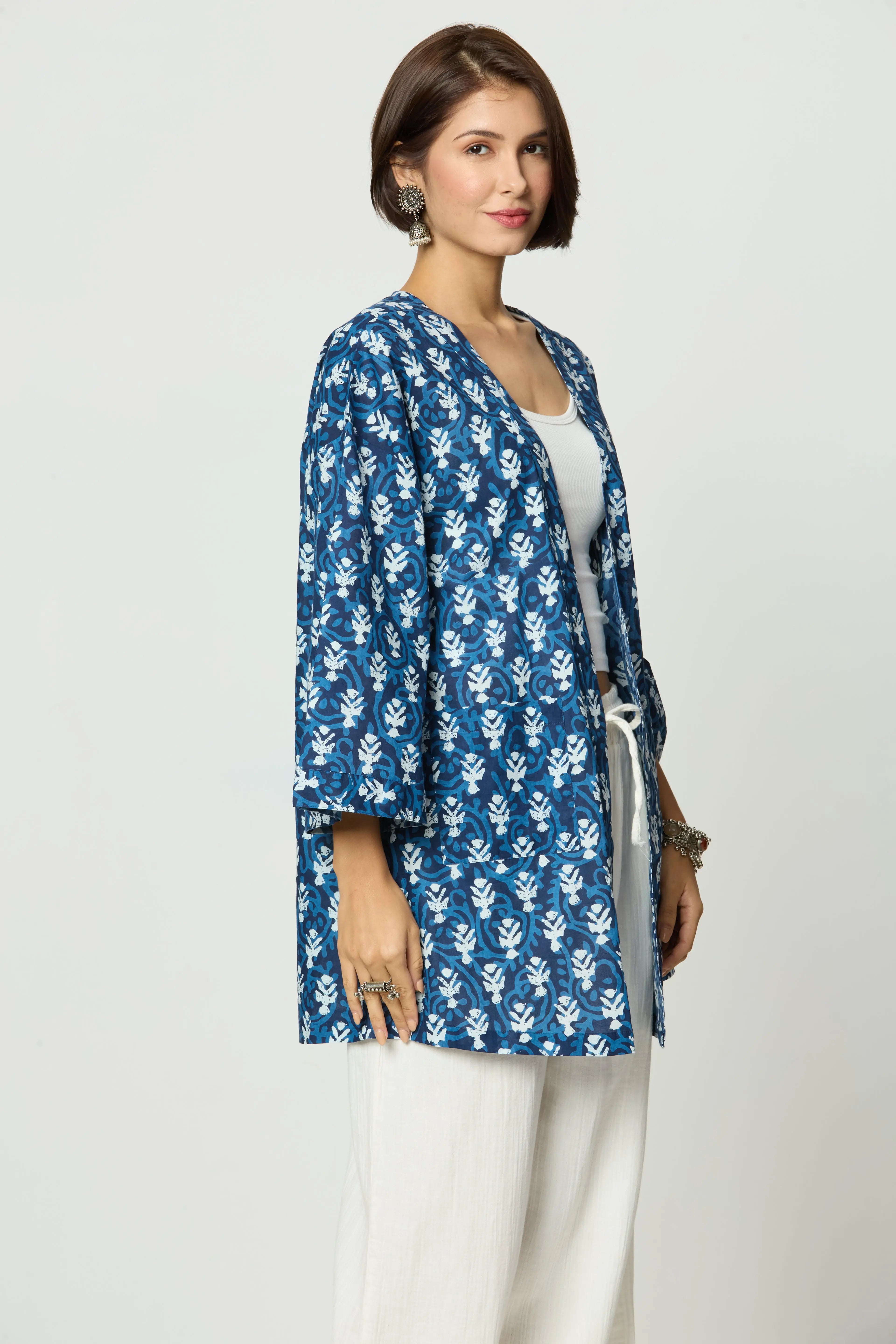 Indigo Blue Hand-Printed Geometric Cotton Freesize Unisex Shrug AMARAA