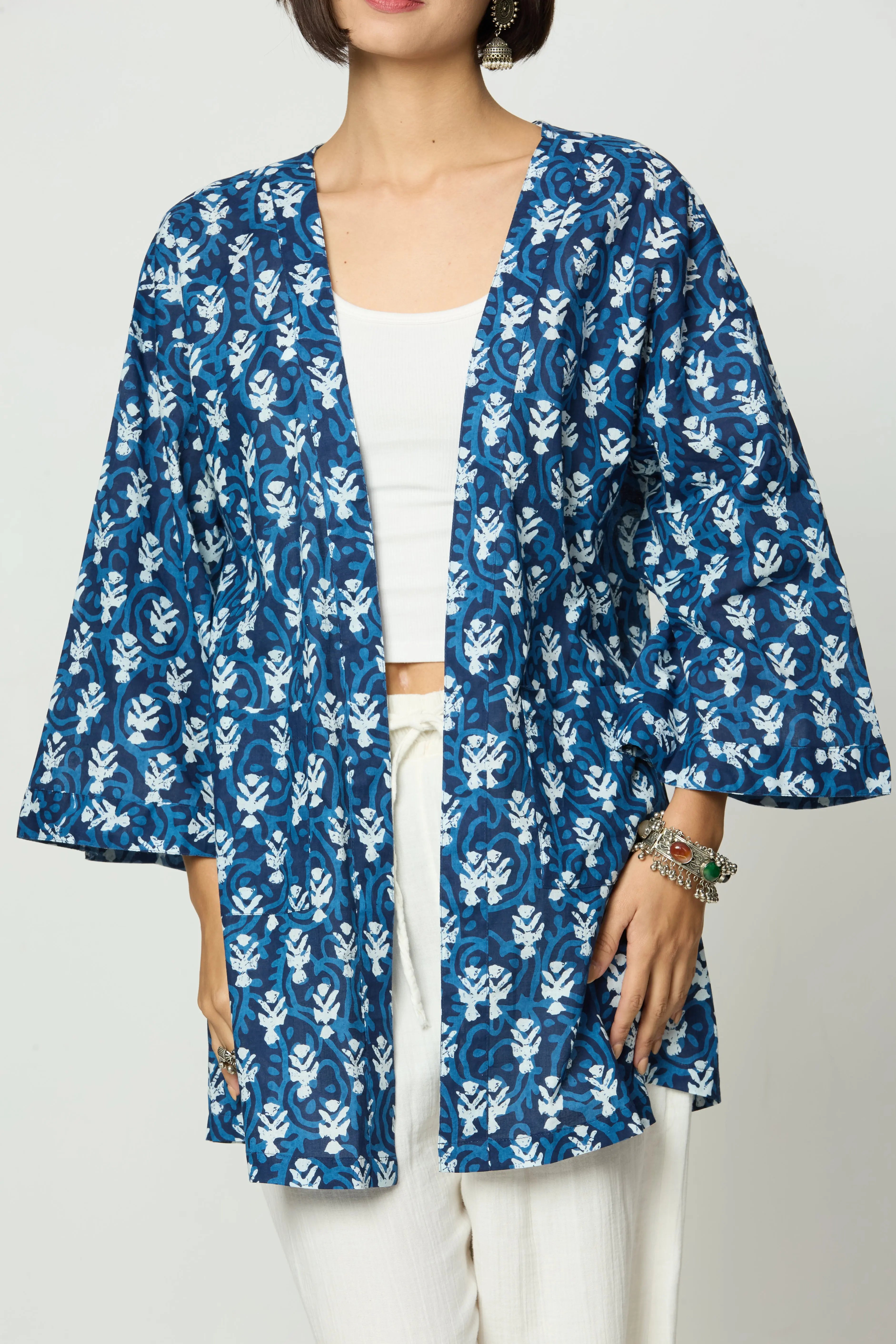 Indigo Blue Hand-Printed Geometric Cotton Freesize Unisex Shrug AMARAA