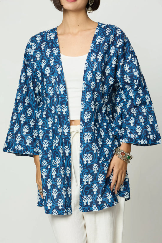 Indigo Blue Hand-Printed Geometric Cotton Freesize Unisex Shrug AMARAA