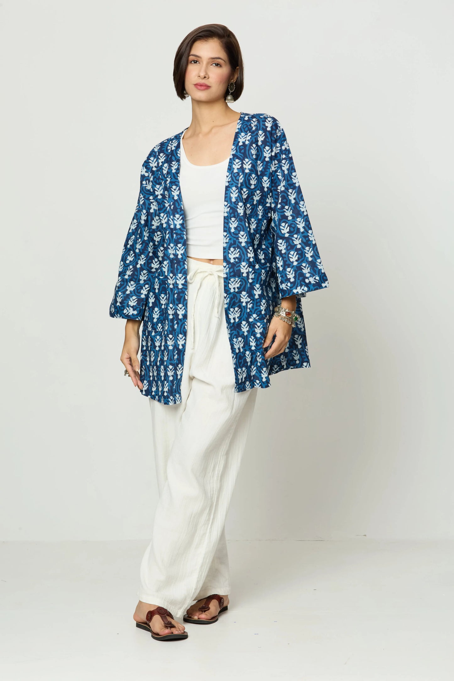 Indigo Blue Hand-Printed Geometric Cotton Freesize Unisex Shrug AMARAA