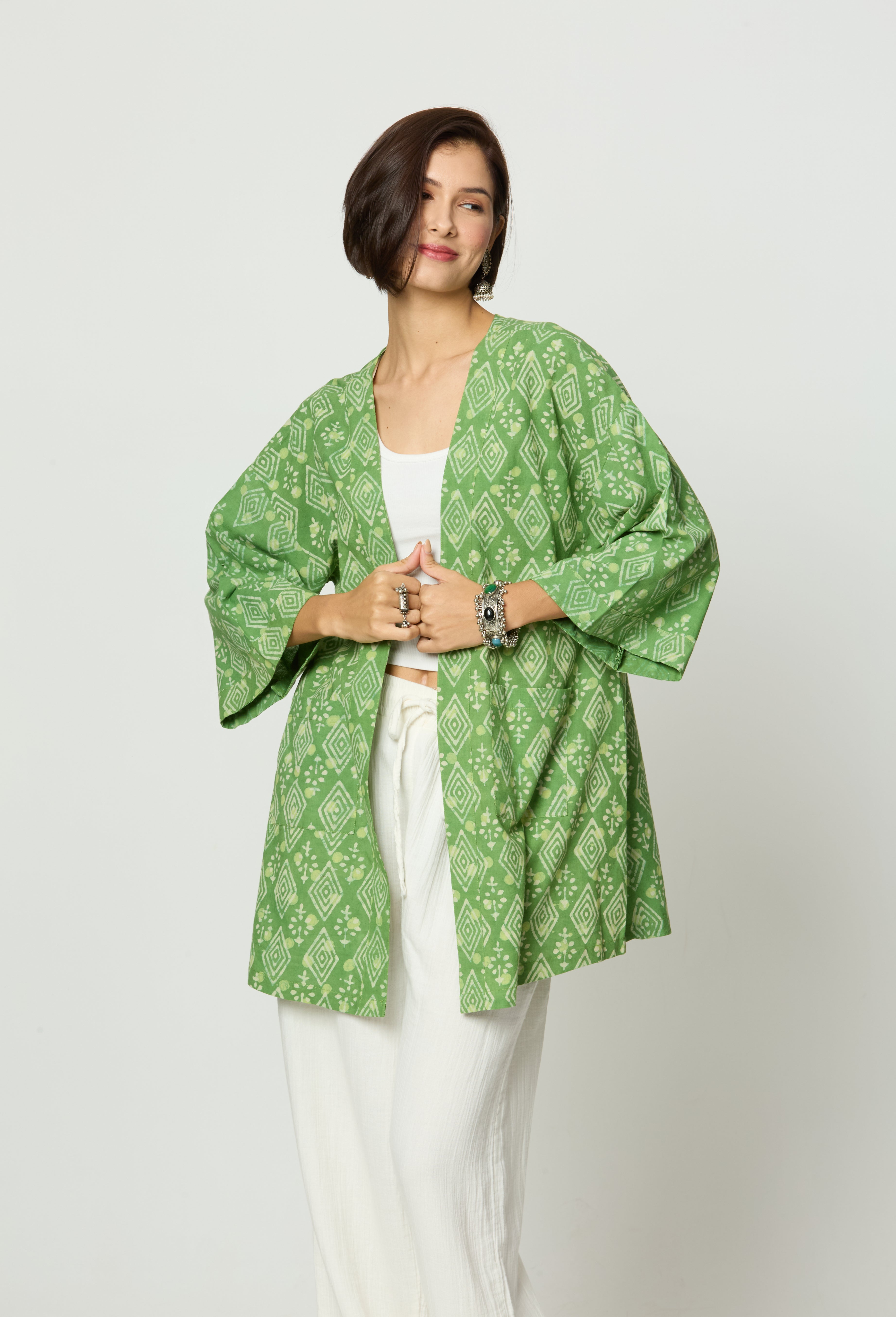 Green Dabu Printed Shrug
