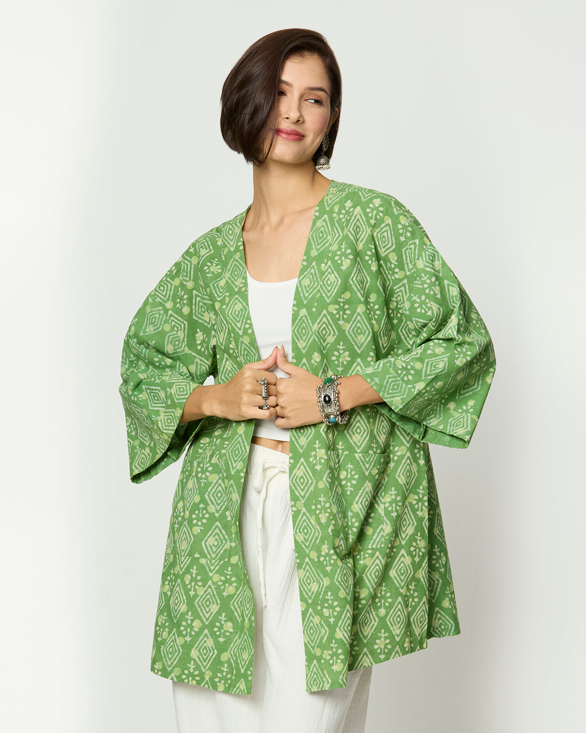 Green Dabu Printed Shrug Desi Core