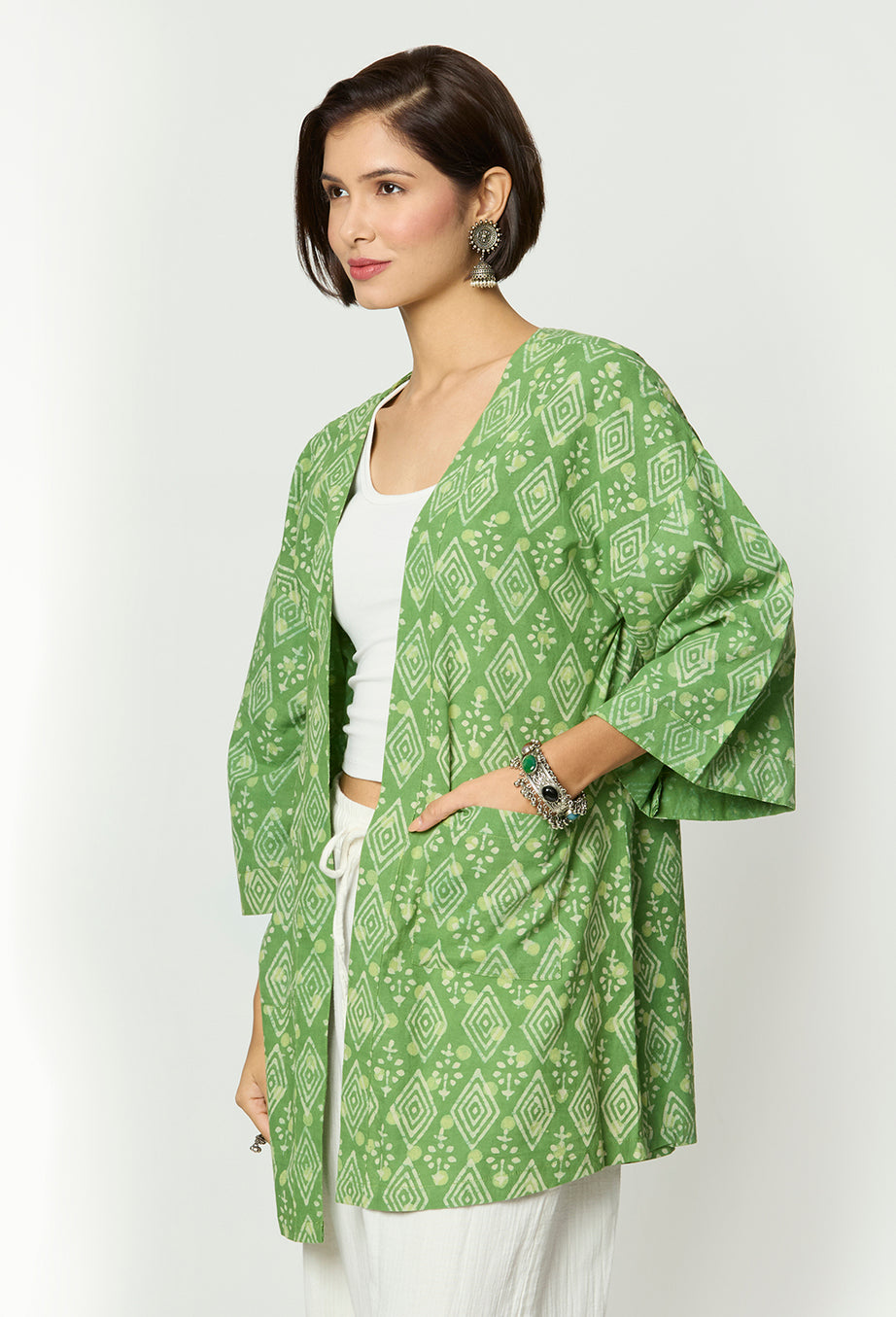 Green Dabu Printed Shrug