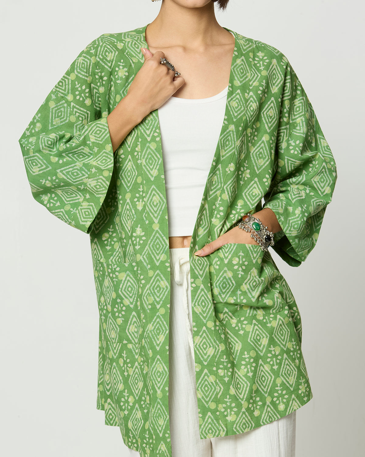 Green Dabu Printed Shrug Desi Core