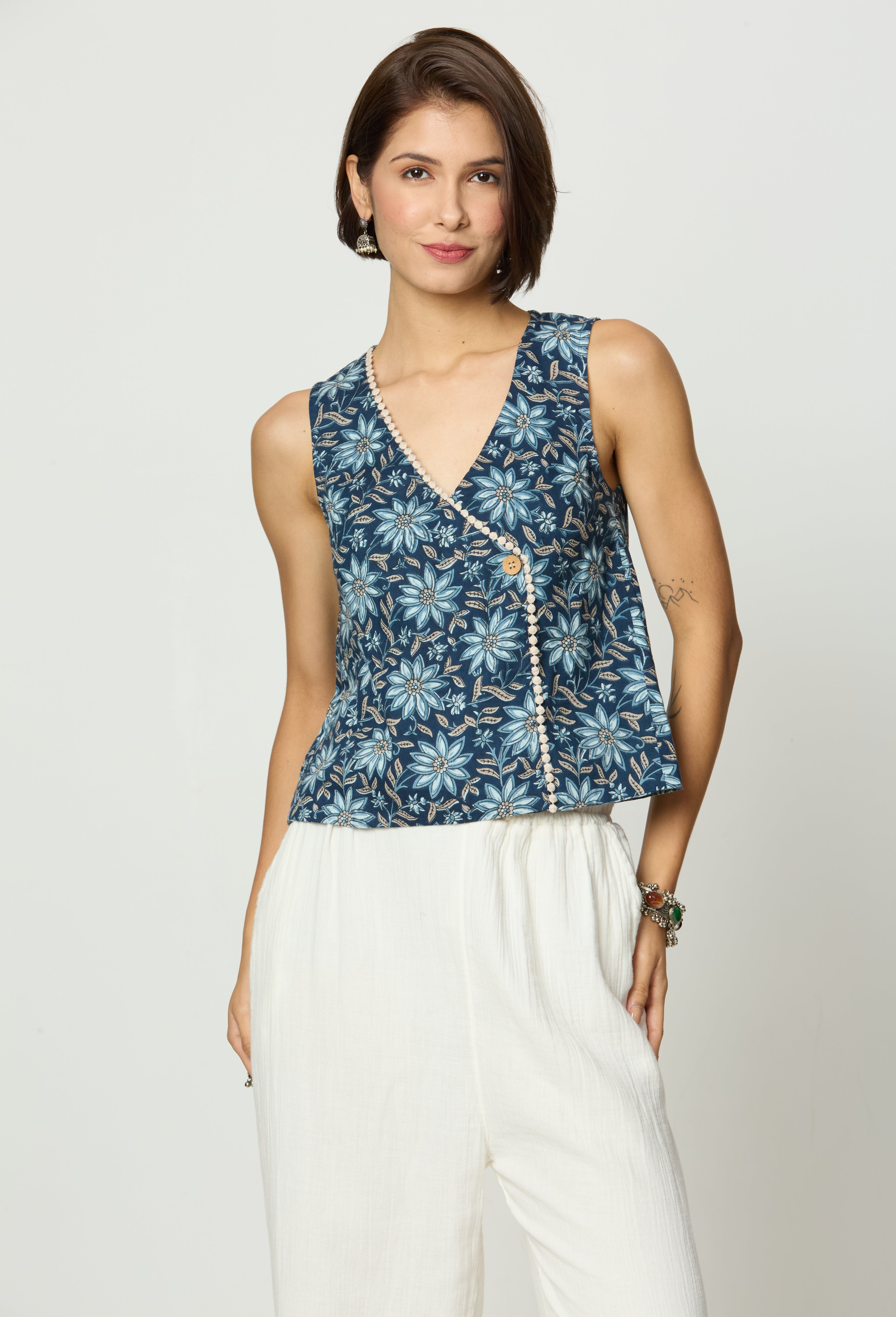 Shades of Blue, Grey & Beige Top with Lace Detailing