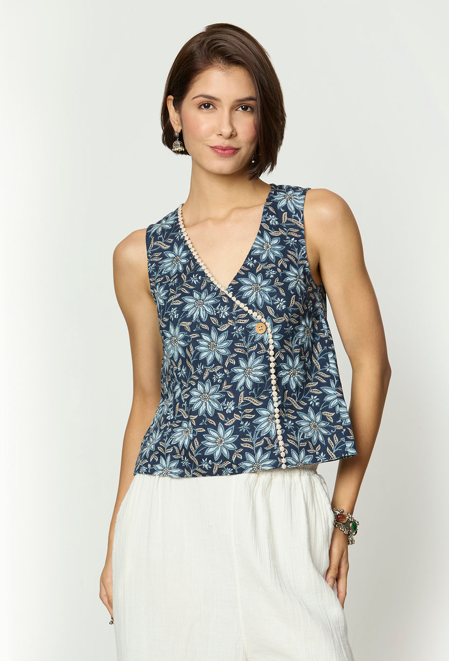 Shades of Blue, Grey & Beige Top with Lace Detailing