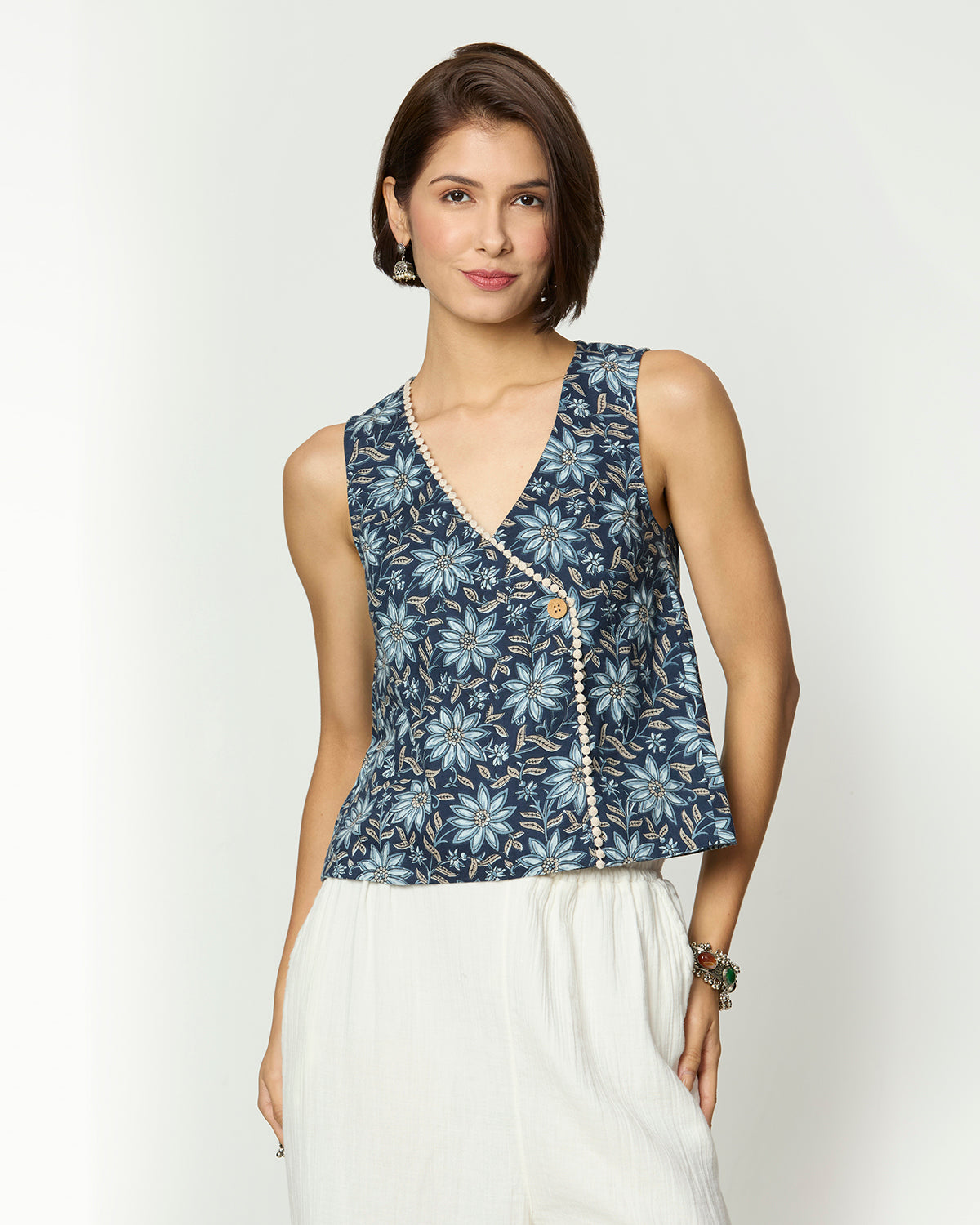 Shades of Blue, Grey & Beige Top with Lace Detailing