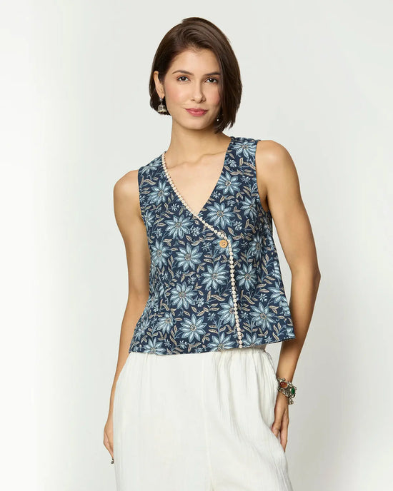Shades of Blue, Grey & Beige Top with Lace Detailing Desi Core