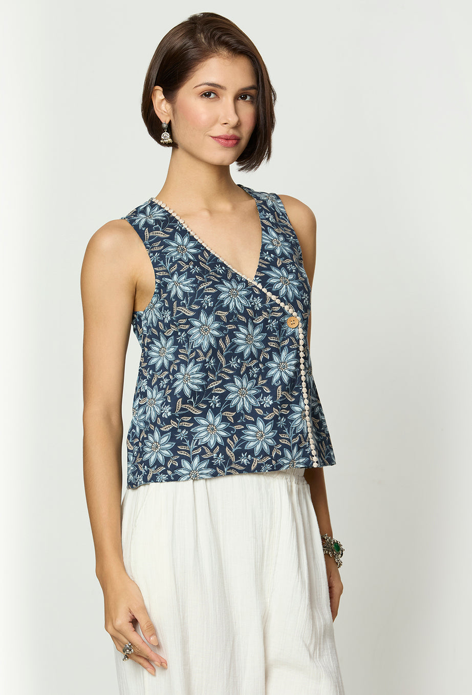 Shades of Blue, Grey & Beige Top with Lace Detailing