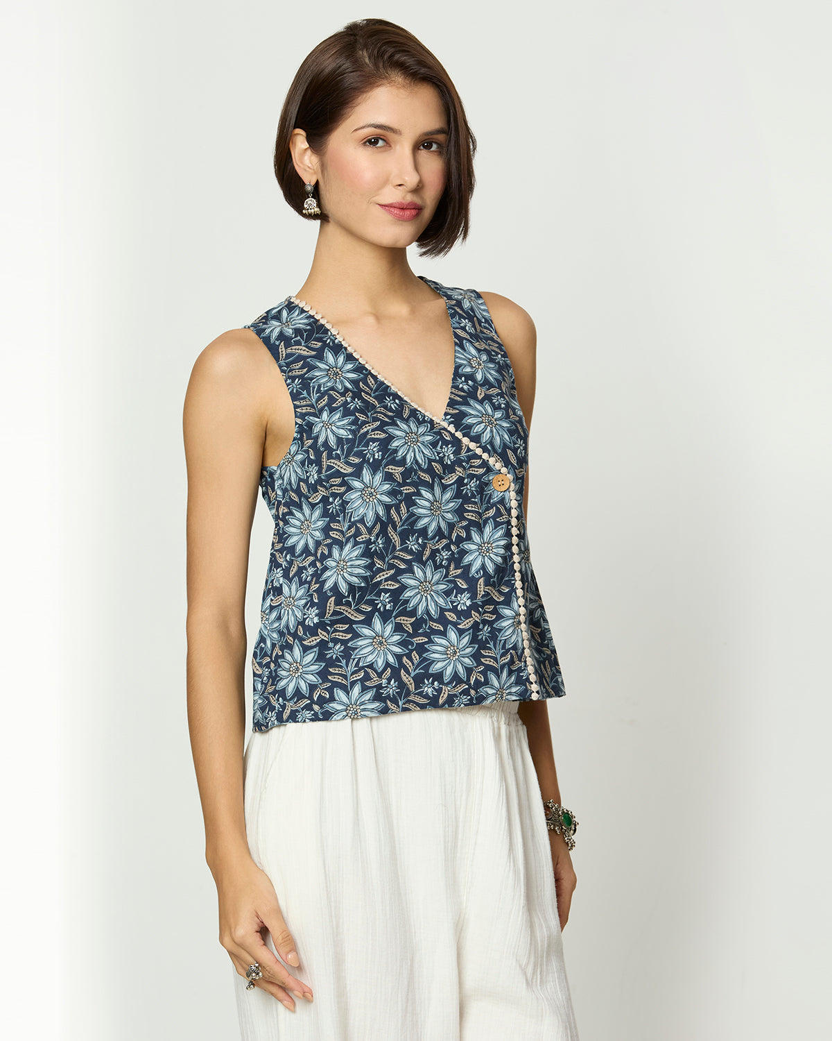 Shades of Blue, Grey & Beige Top with Lace Detailing