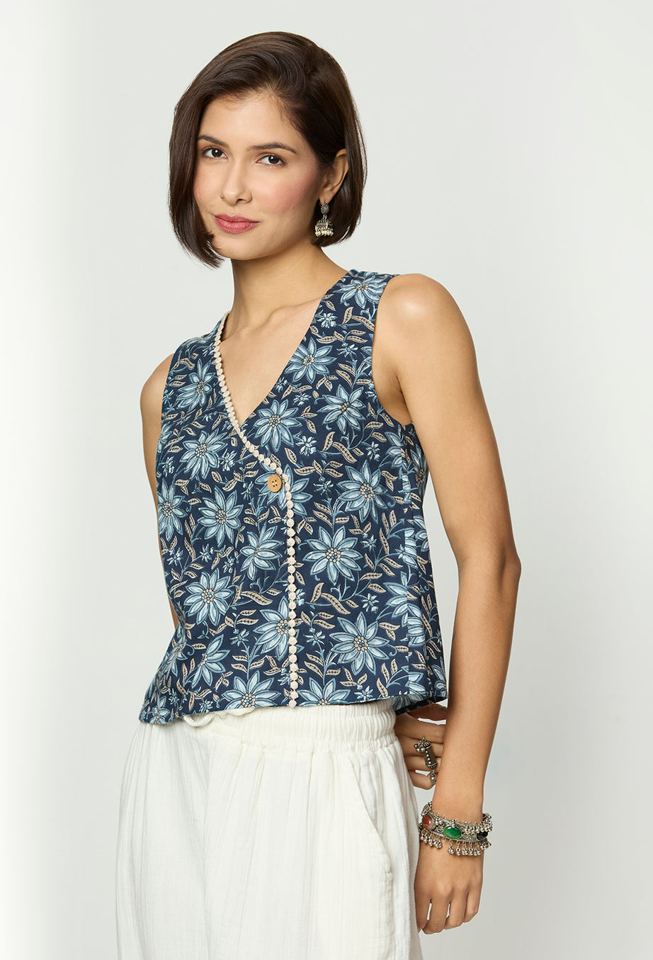 Shades of Blue, Grey & Beige Top with Lace Detailing