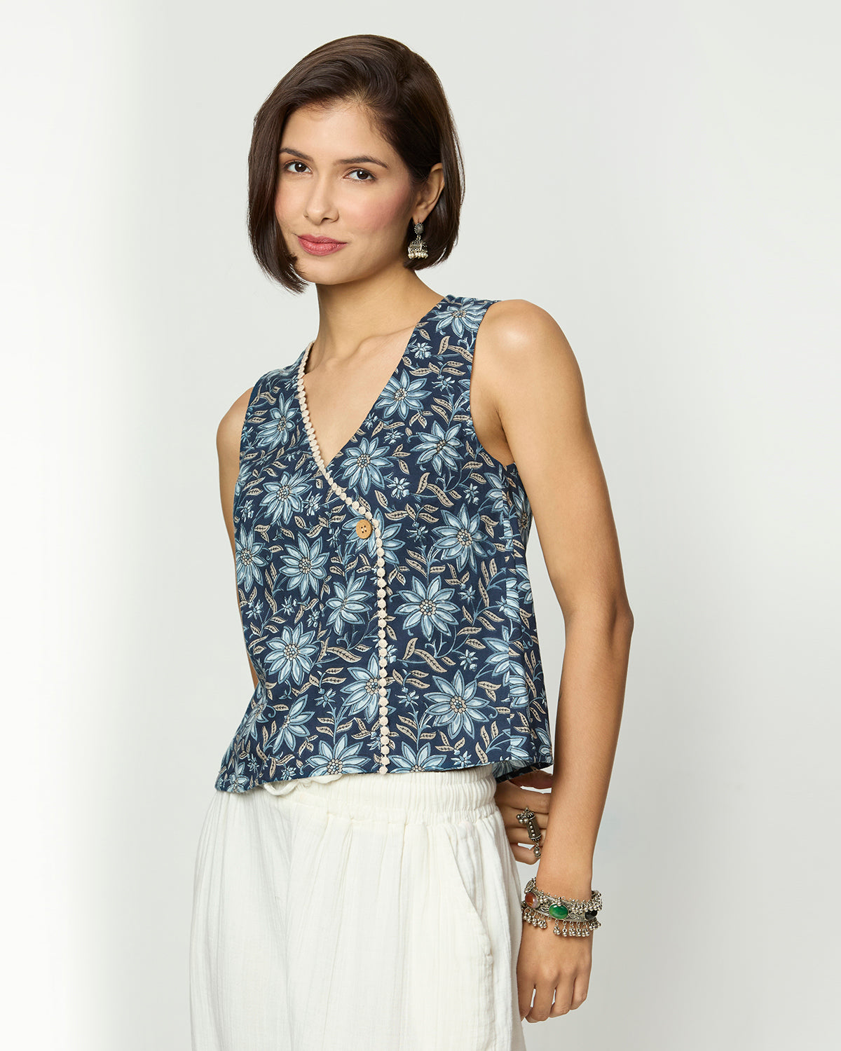 Shades of Blue, Grey & Beige Top with Lace Detailing