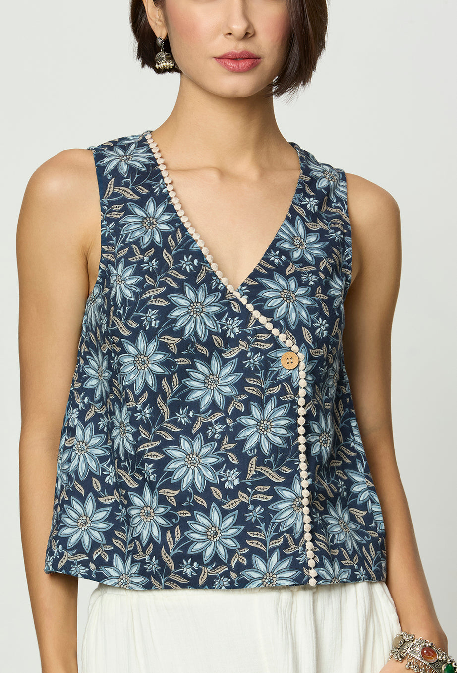 Shades of Blue, Grey & Beige Top with Lace Detailing