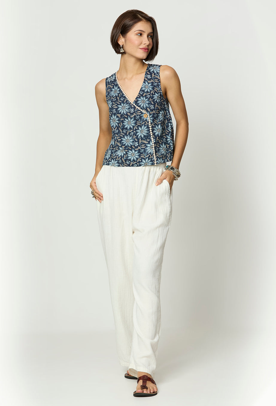 Shades of Blue, Grey & Beige Top with Lace Detailing