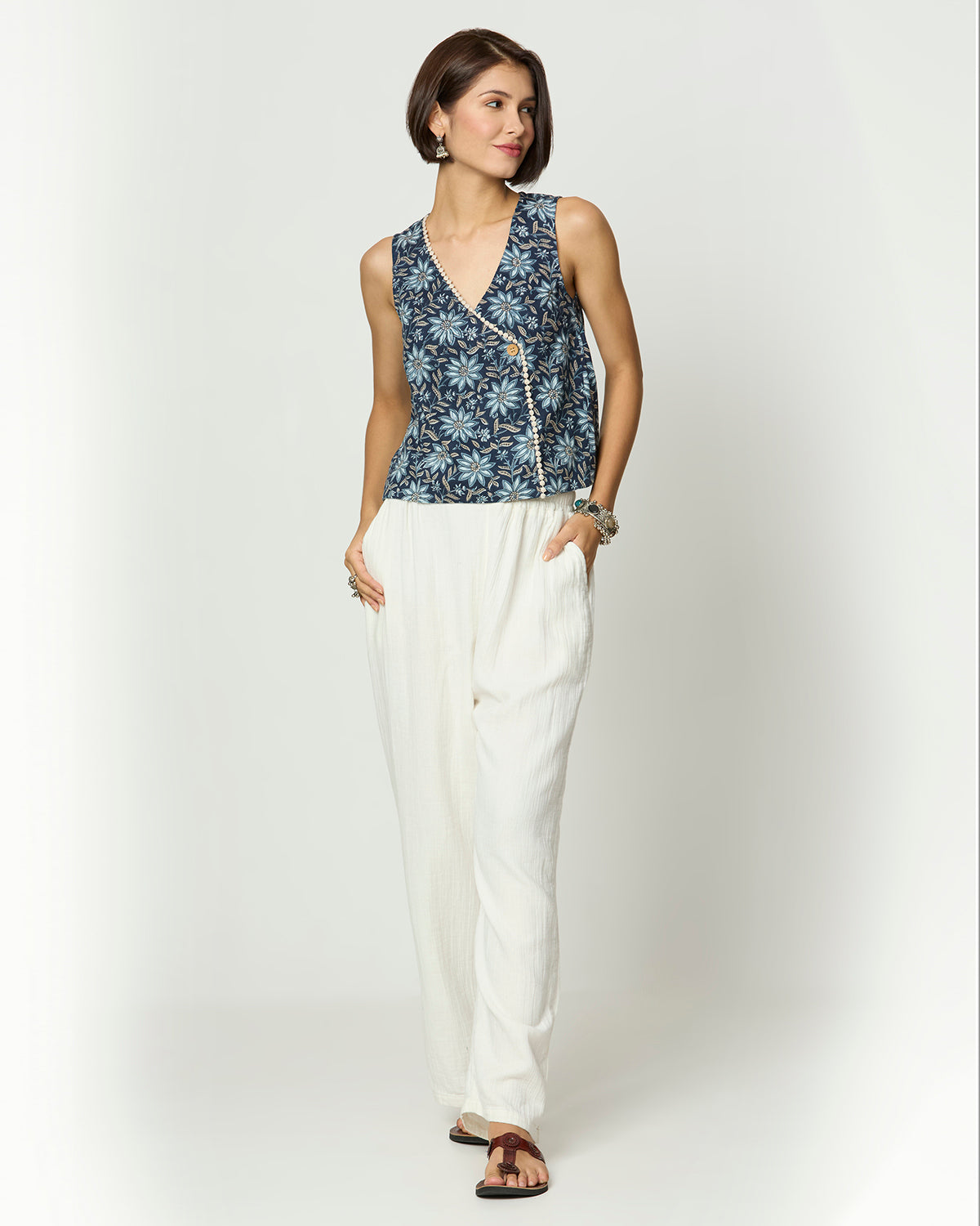 Shades of Blue, Grey & Beige Top with Lace Detailing