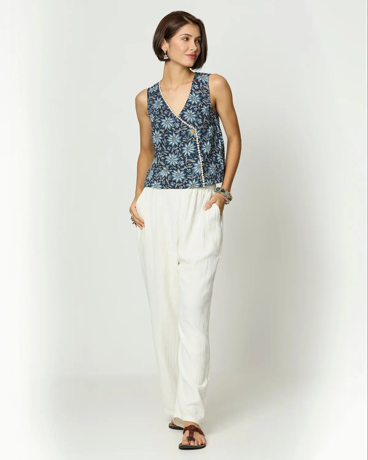 Shades of Blue, Grey & Beige Top with Lace Detailing Desi Core